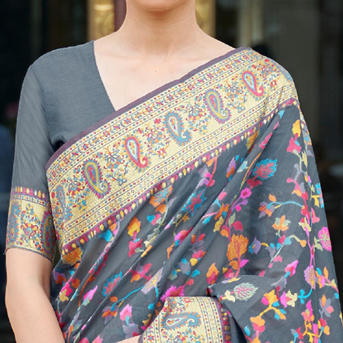 Grey Party Wear Woven Chanderi Saree - Peachmode