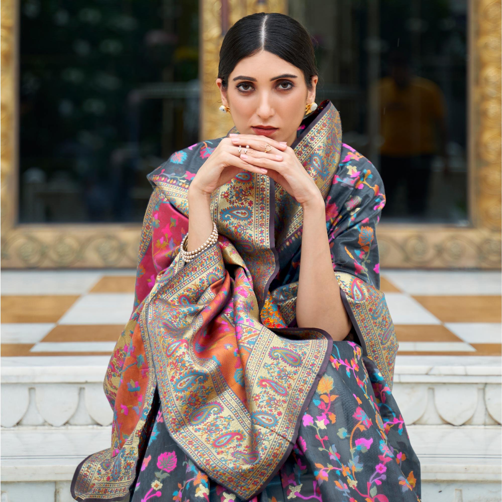 Grey Party Wear Woven Chanderi Saree - Peachmode