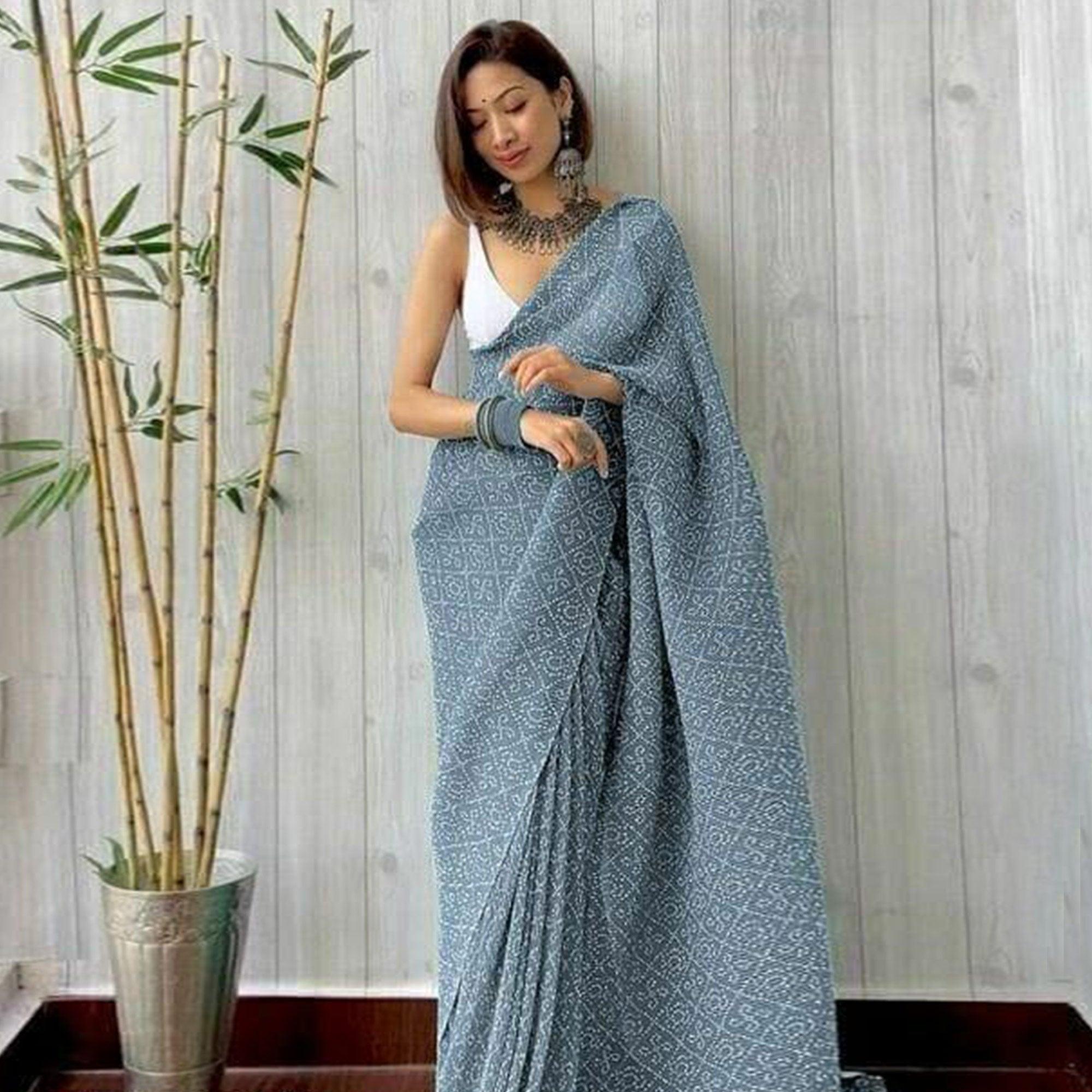 Grey Partywear Bandhani Printed Georgette Saree - Peachmode