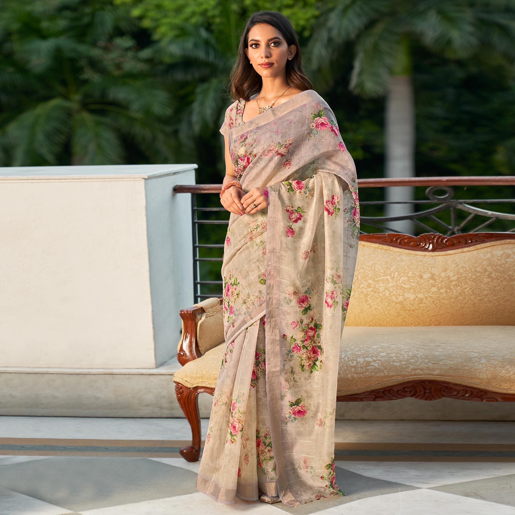 Grey Partywear Digital Printed & Sequence Woven Pure Linen Saree - Peachmode