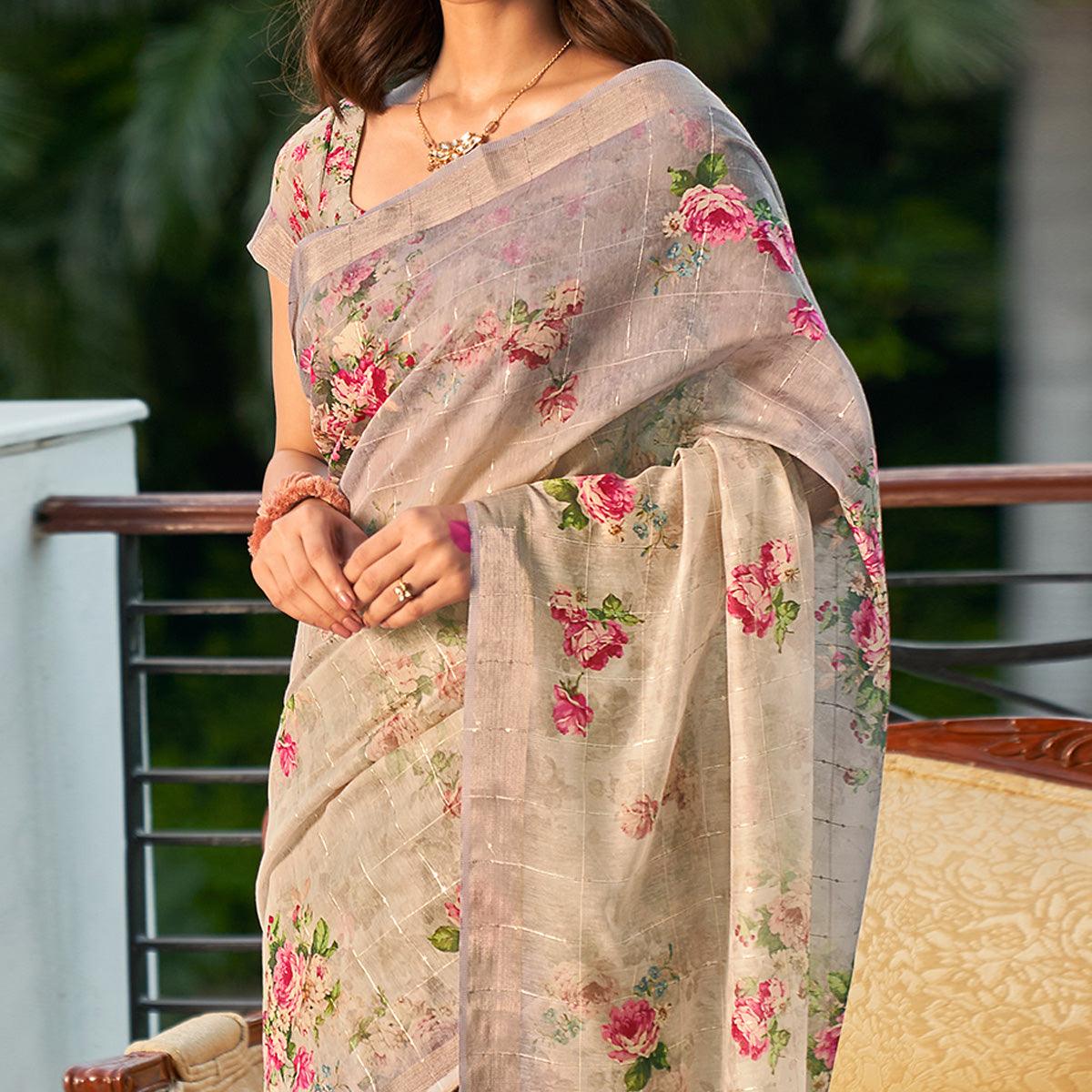 Grey Partywear Digital Printed & Sequence Woven Pure Linen Saree - Peachmode