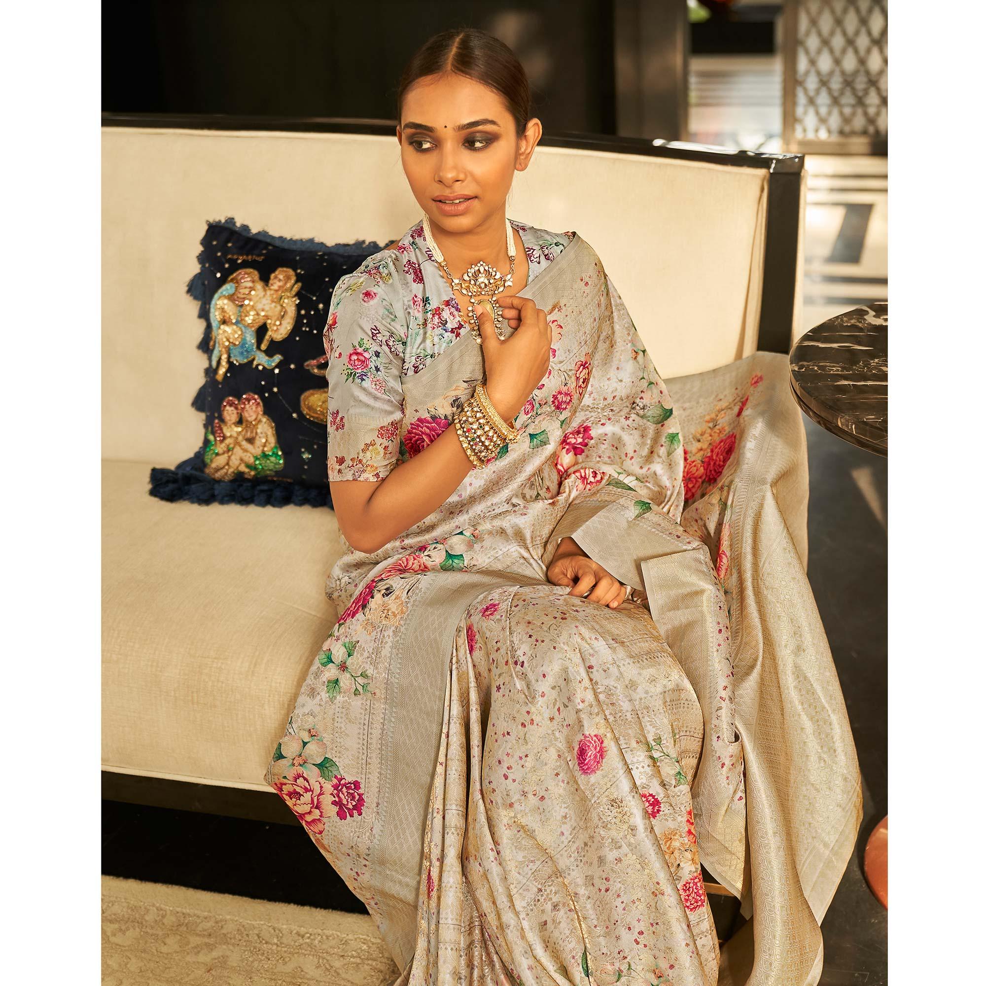 Grey Partywear Digital Printed Silk Saree - Peachmode