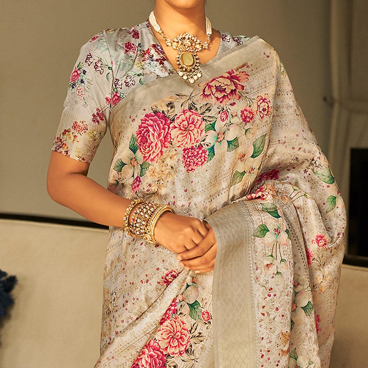 Grey Partywear Digital Printed Silk Saree - Peachmode