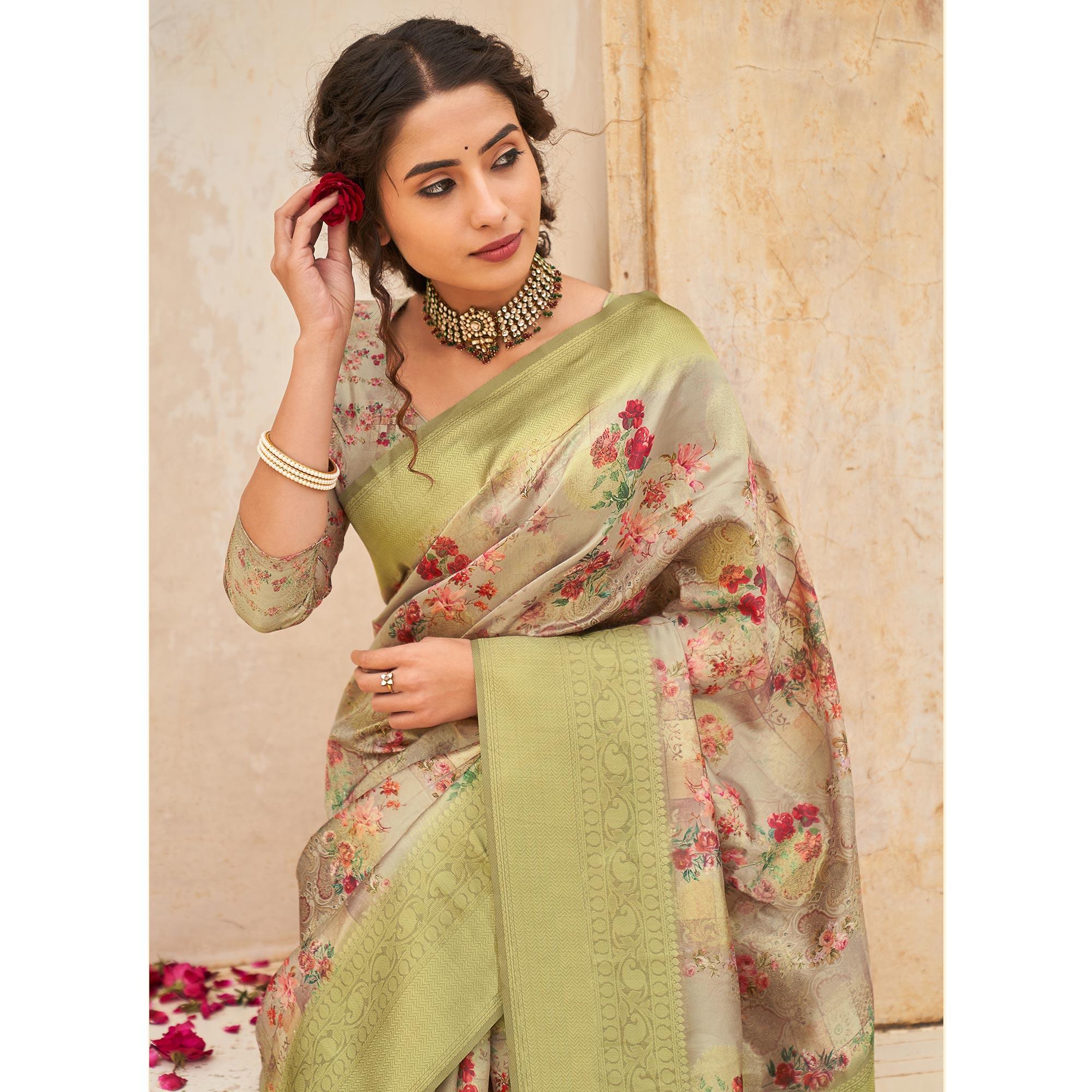 Grey Partywear Digital Printed Silk Saree - Peachmode