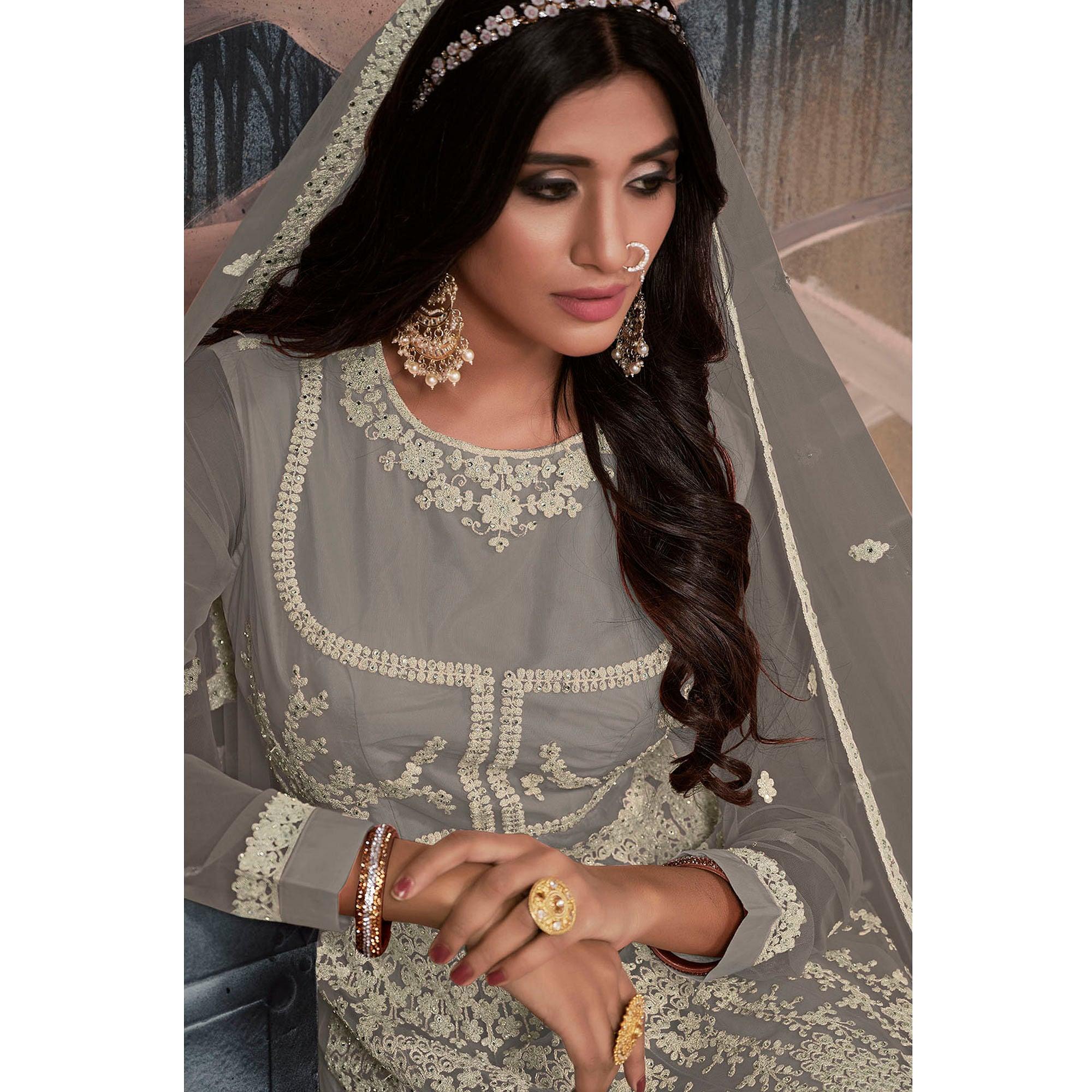 Grey Partywear Embellished With Embroidered Net Gown - Peachmode