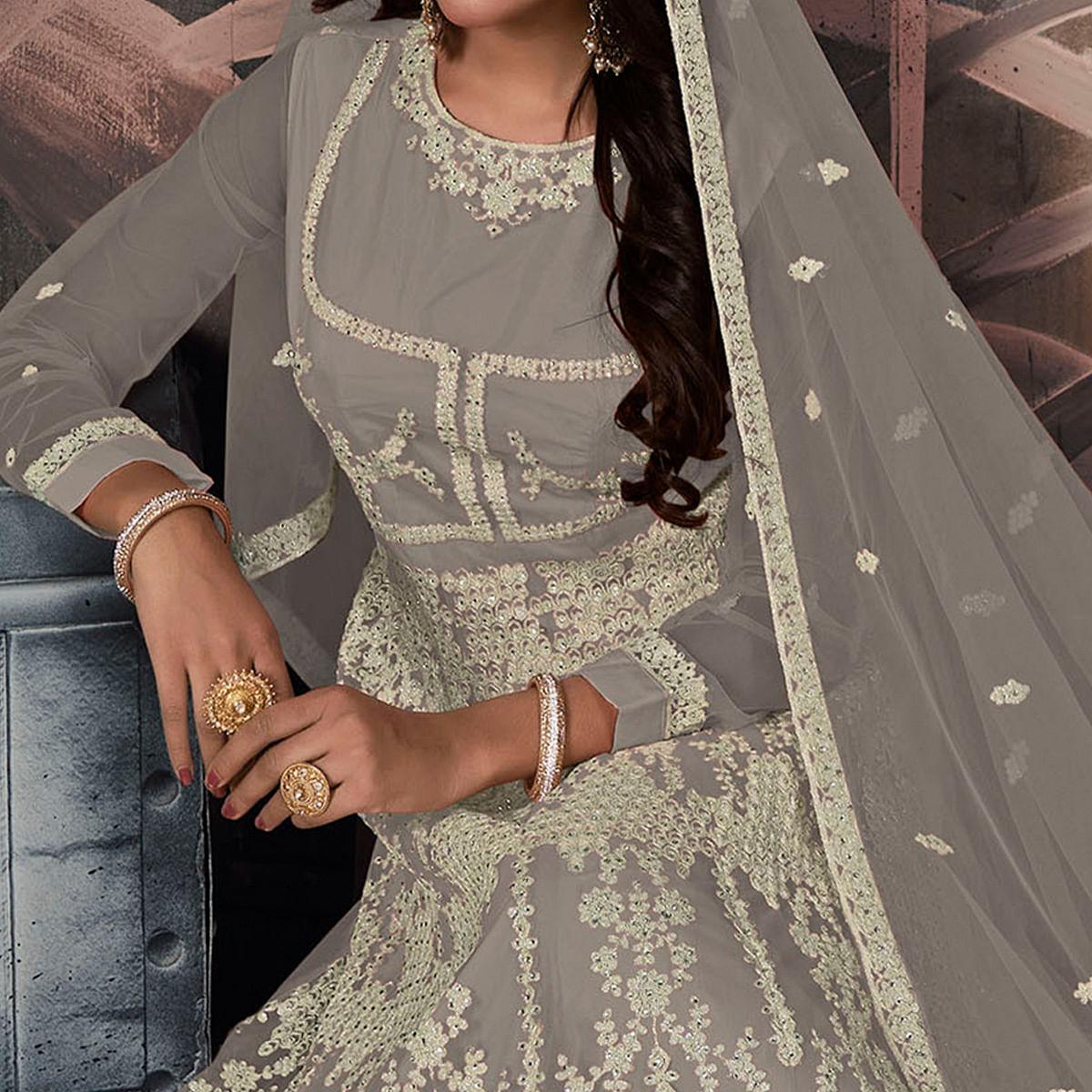 Grey Partywear Embellished With Embroidered Net Gown - Peachmode