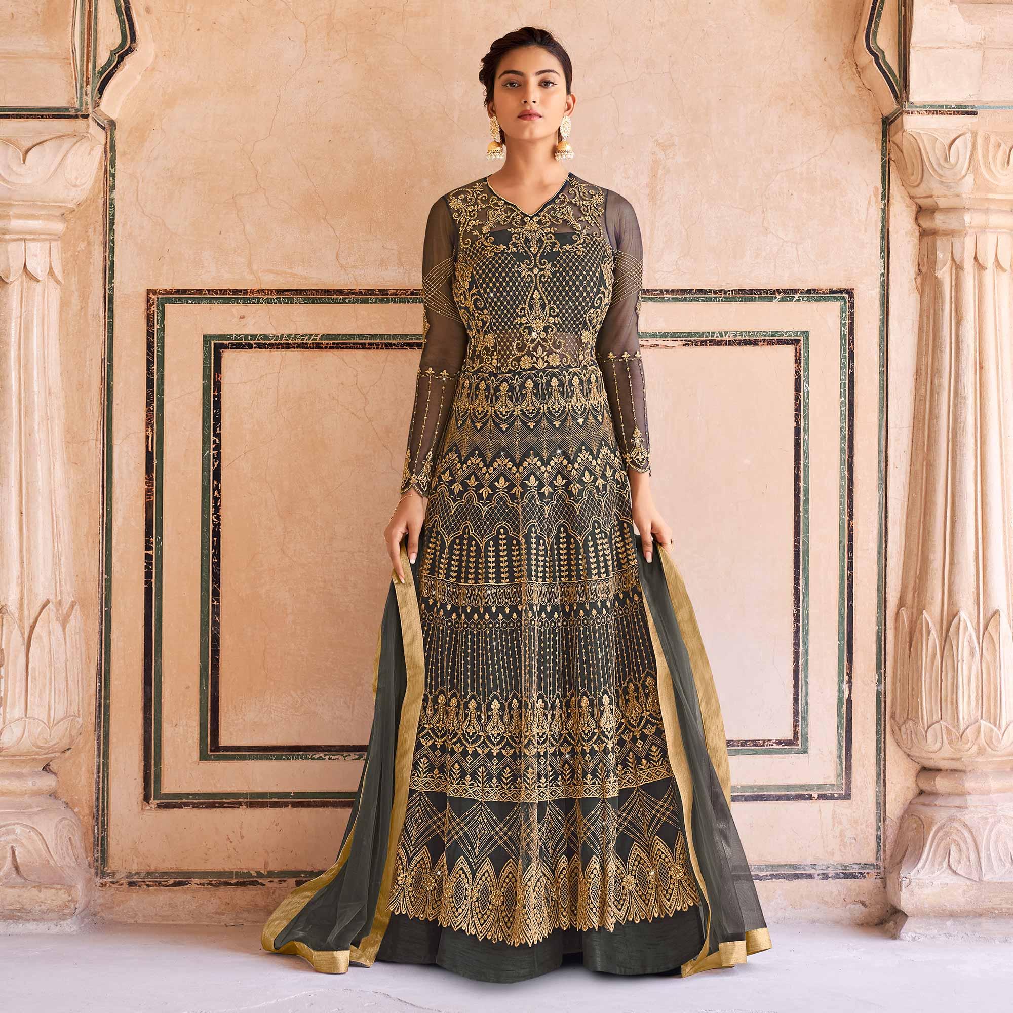 Grey Partywear Embroidered & Swarovski Work Soft Net Gown - Peachmode