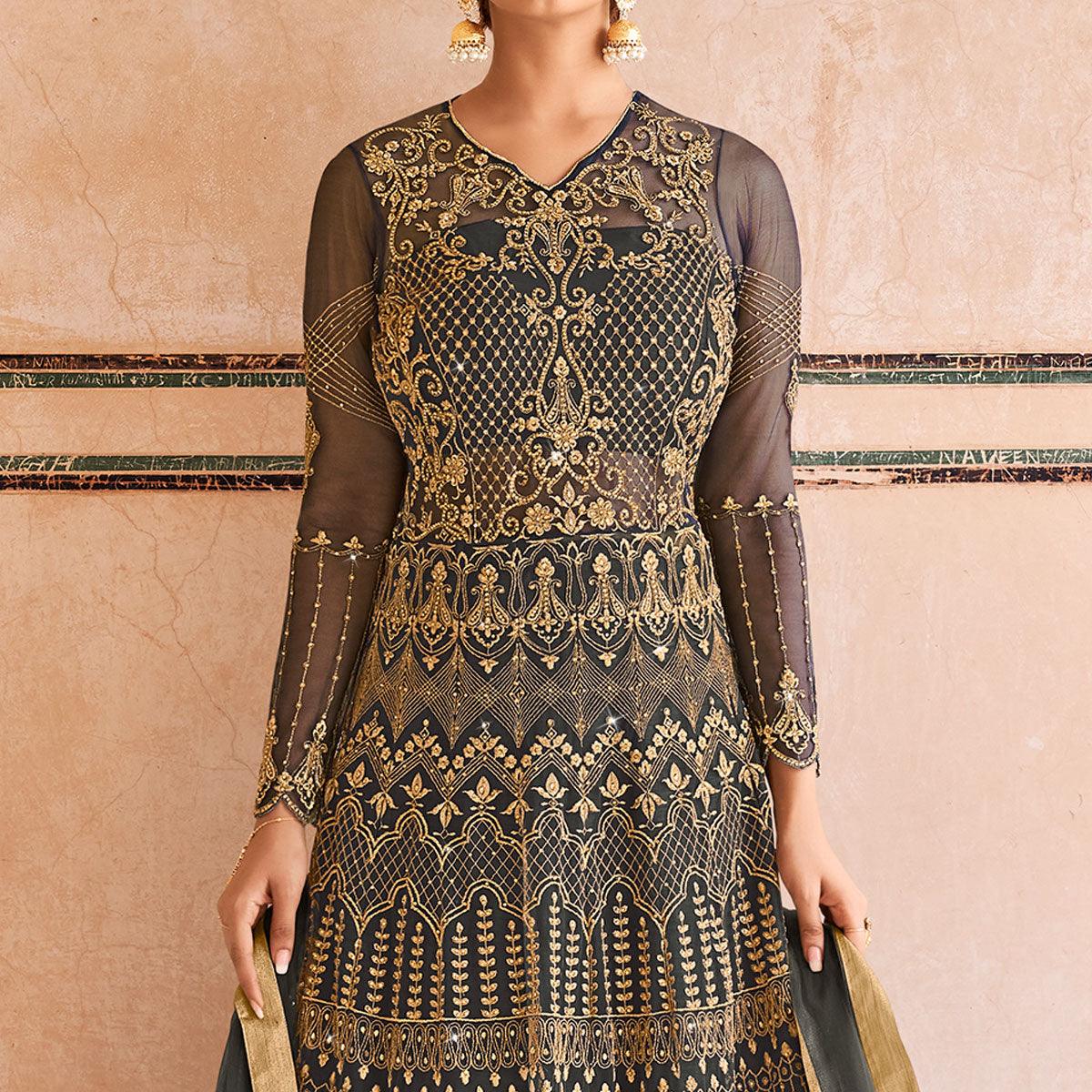 Grey Partywear Embroidered & Swarovski Work Soft Net Gown - Peachmode