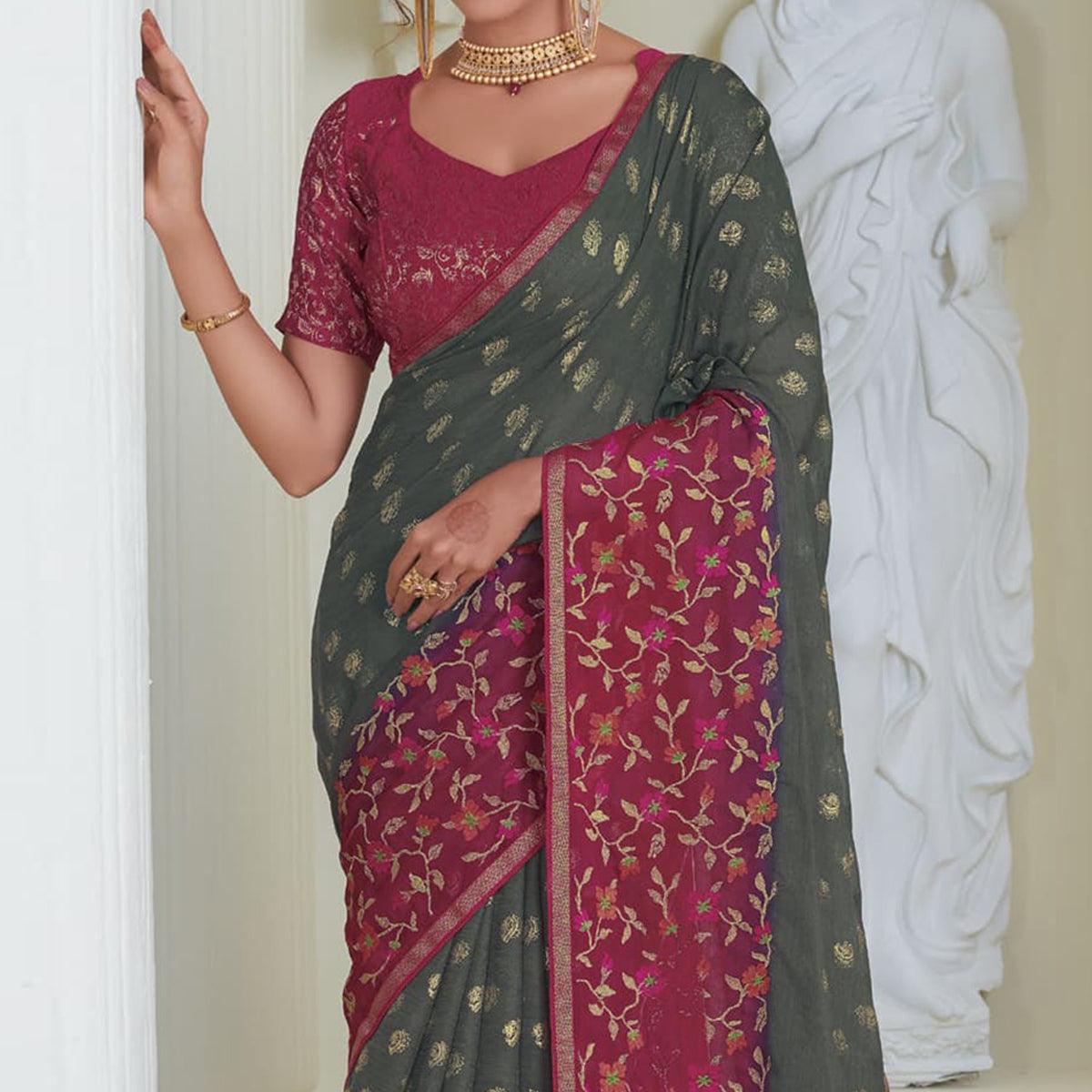 Grey Partywear Embroidered Chiffon Saree - Peachmode