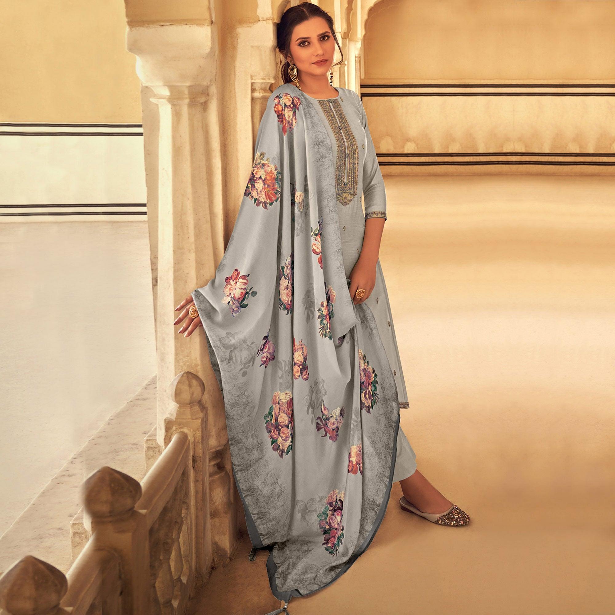 Grey Partywear Embroidered Cotton Silk Suit - Peachmode