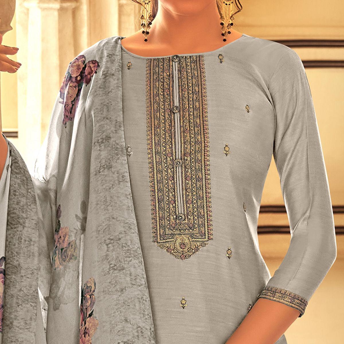 Grey Partywear Embroidered Cotton Silk Suit - Peachmode