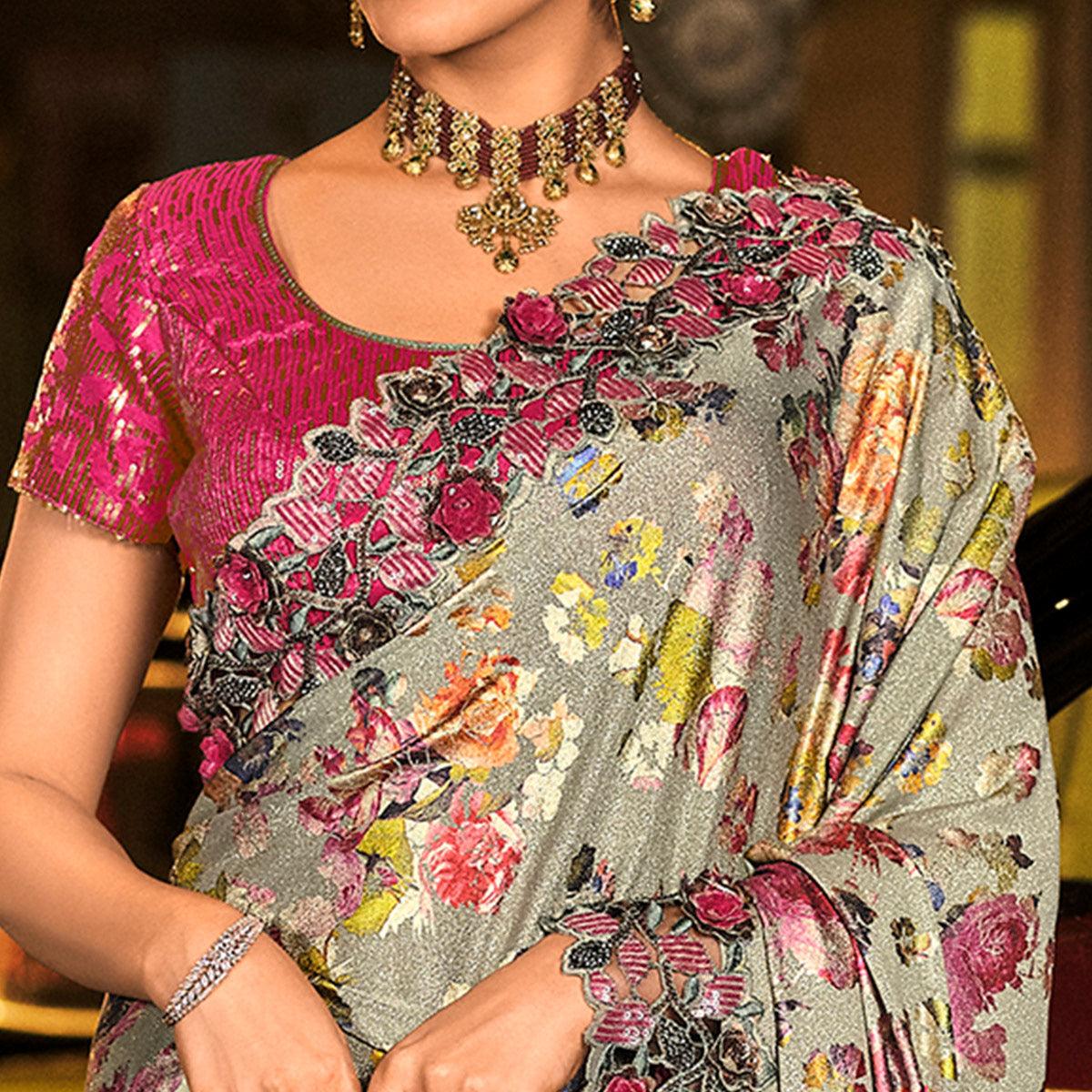 Grey Partywear Embroidered Embellished Net Saree - Peachmode