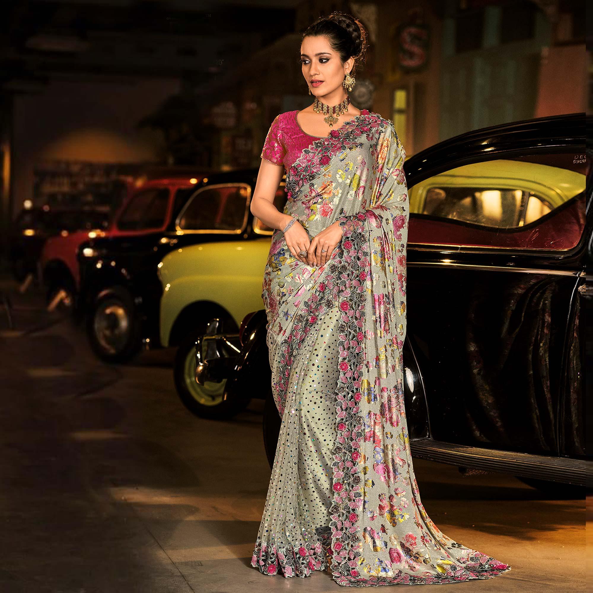 Grey Partywear Embroidered Embellished Net Saree - Peachmode