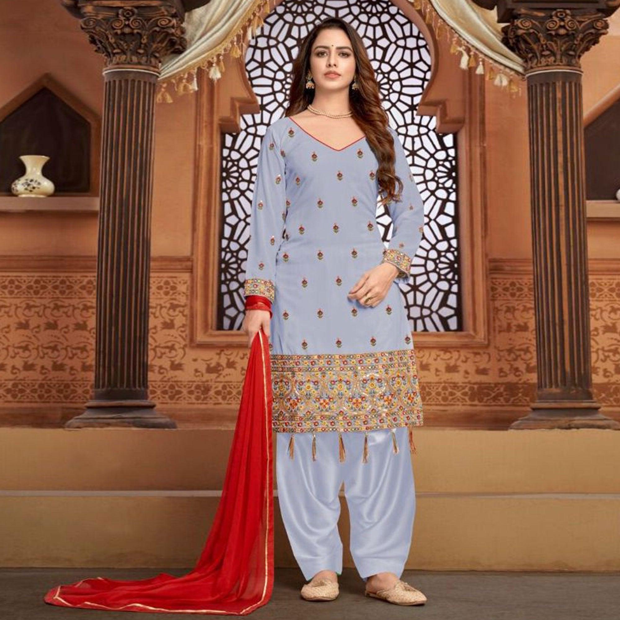 Grey Partywear Embroidered Faux Georgette Patiala Suit - Peachmode