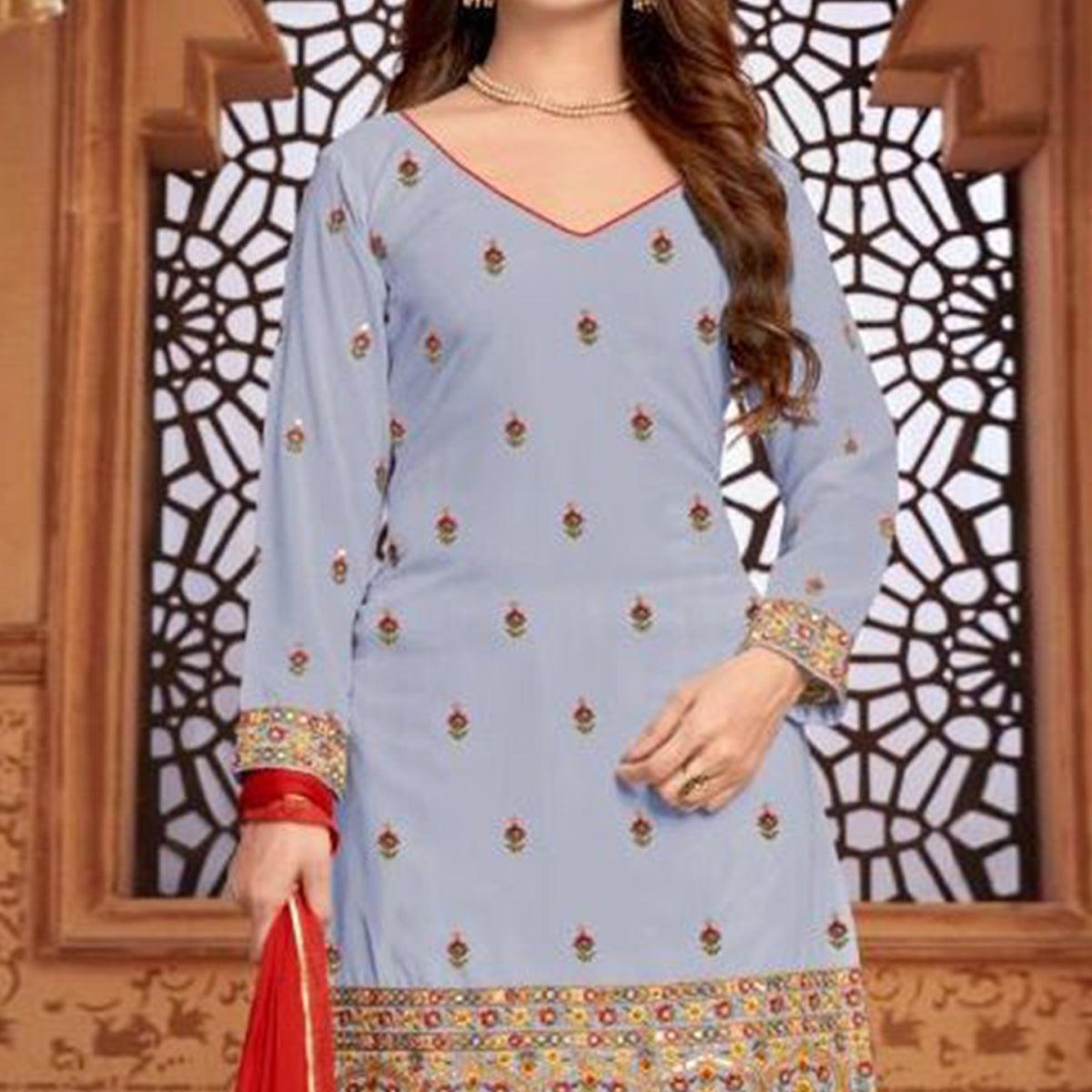 Grey Partywear Embroidered Faux Georgette Patiala Suit - Peachmode