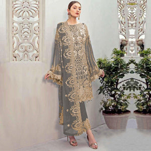Grey Partywear Embroidered Georgette Pakistani Suit - Peachmode