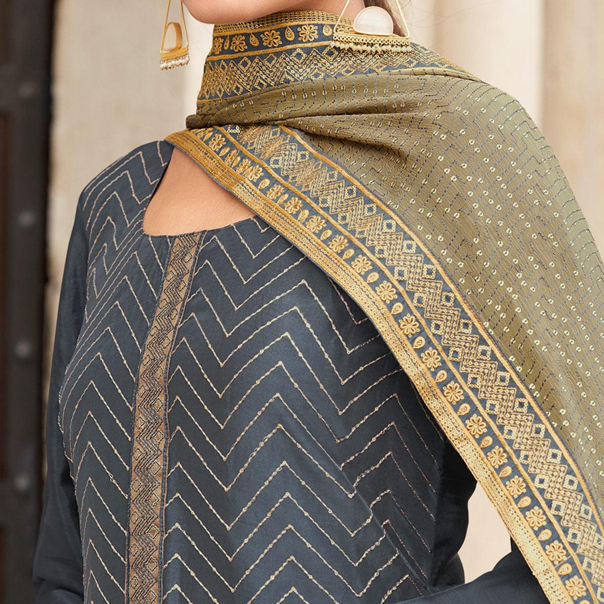 Grey Partywear Embroidered Georgette Partywear Suit - Peachmode