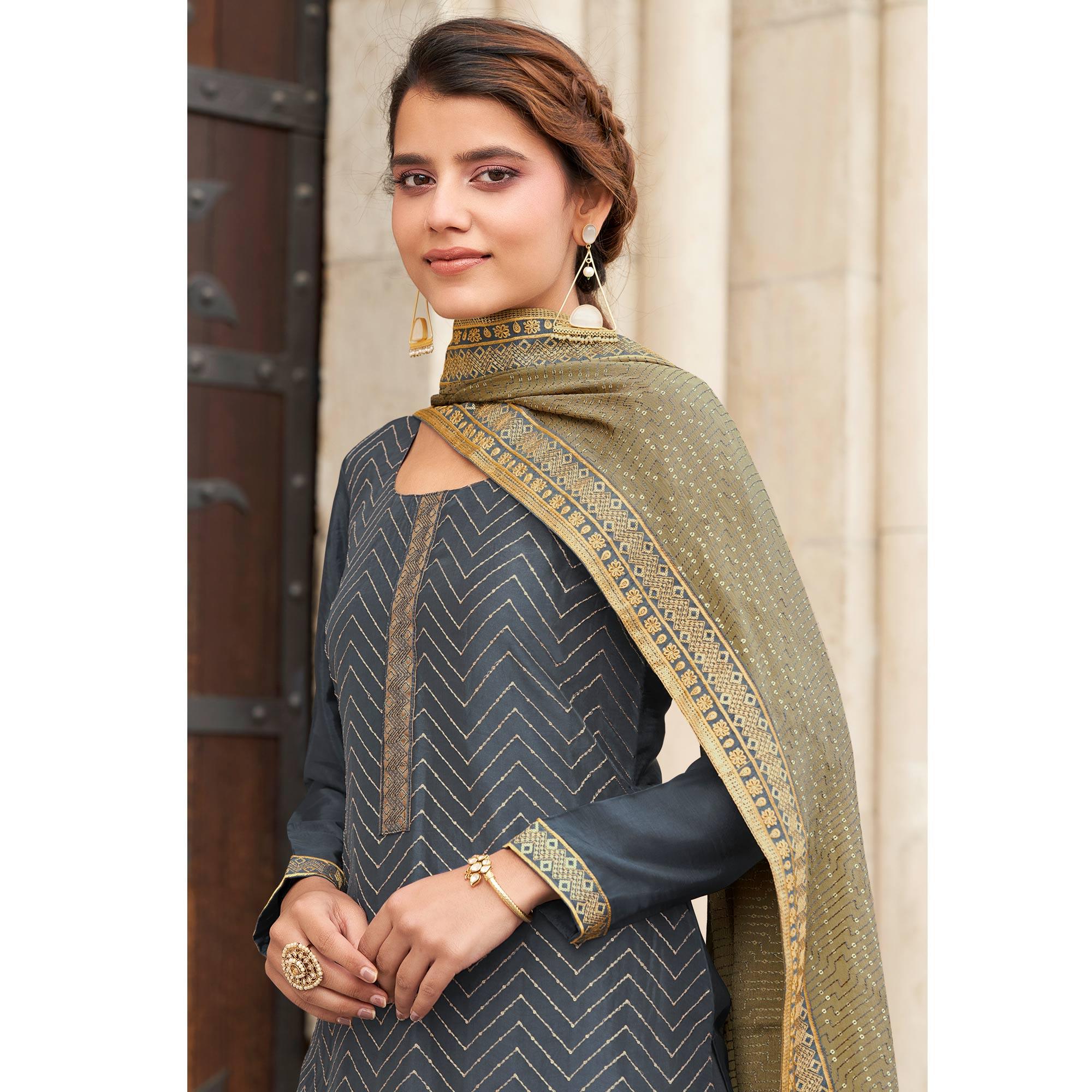 Grey Partywear Embroidered Georgette Partywear Suit - Peachmode