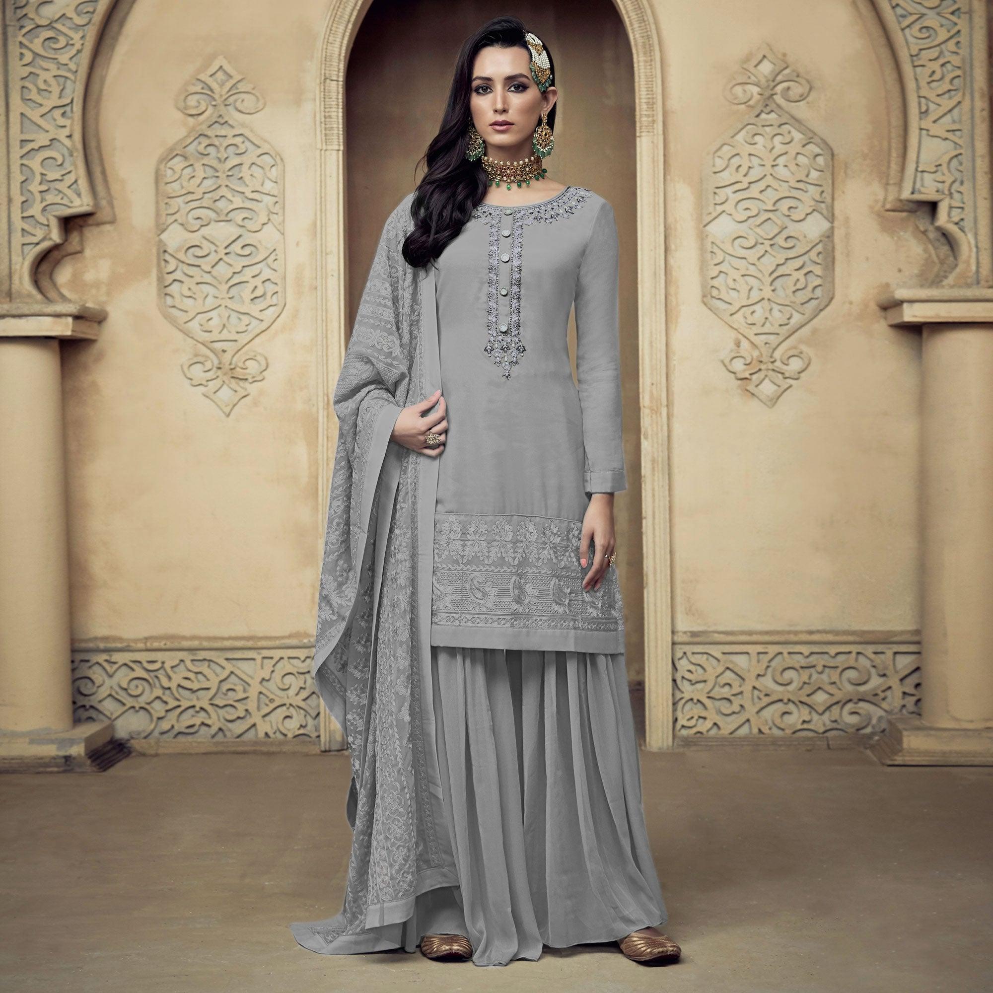 Grey Partywear Embroidered Heavy Georgette Sharara Suit - Peachmode