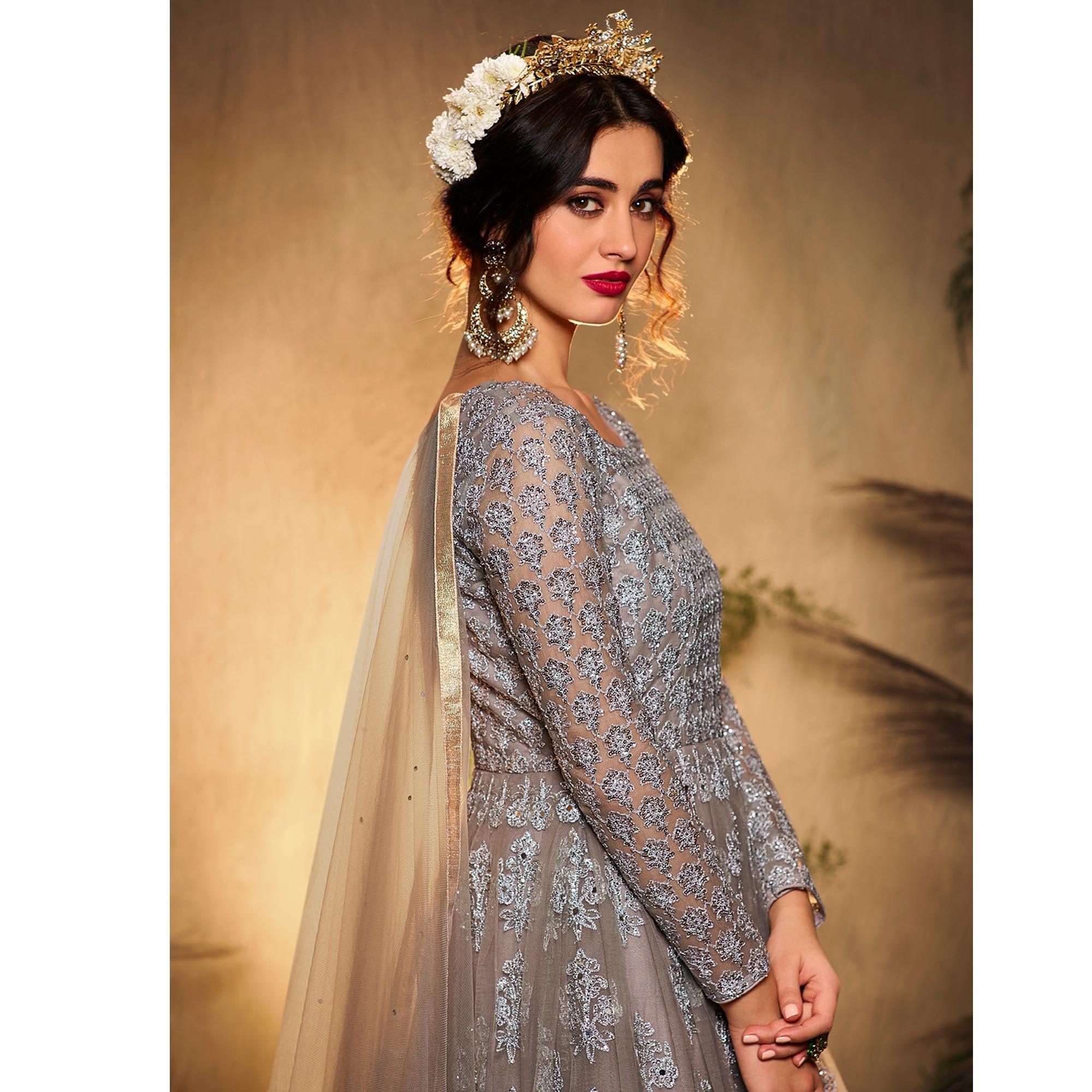 Grey Partywear Embroidered Net Anarkali Suit - Peachmode