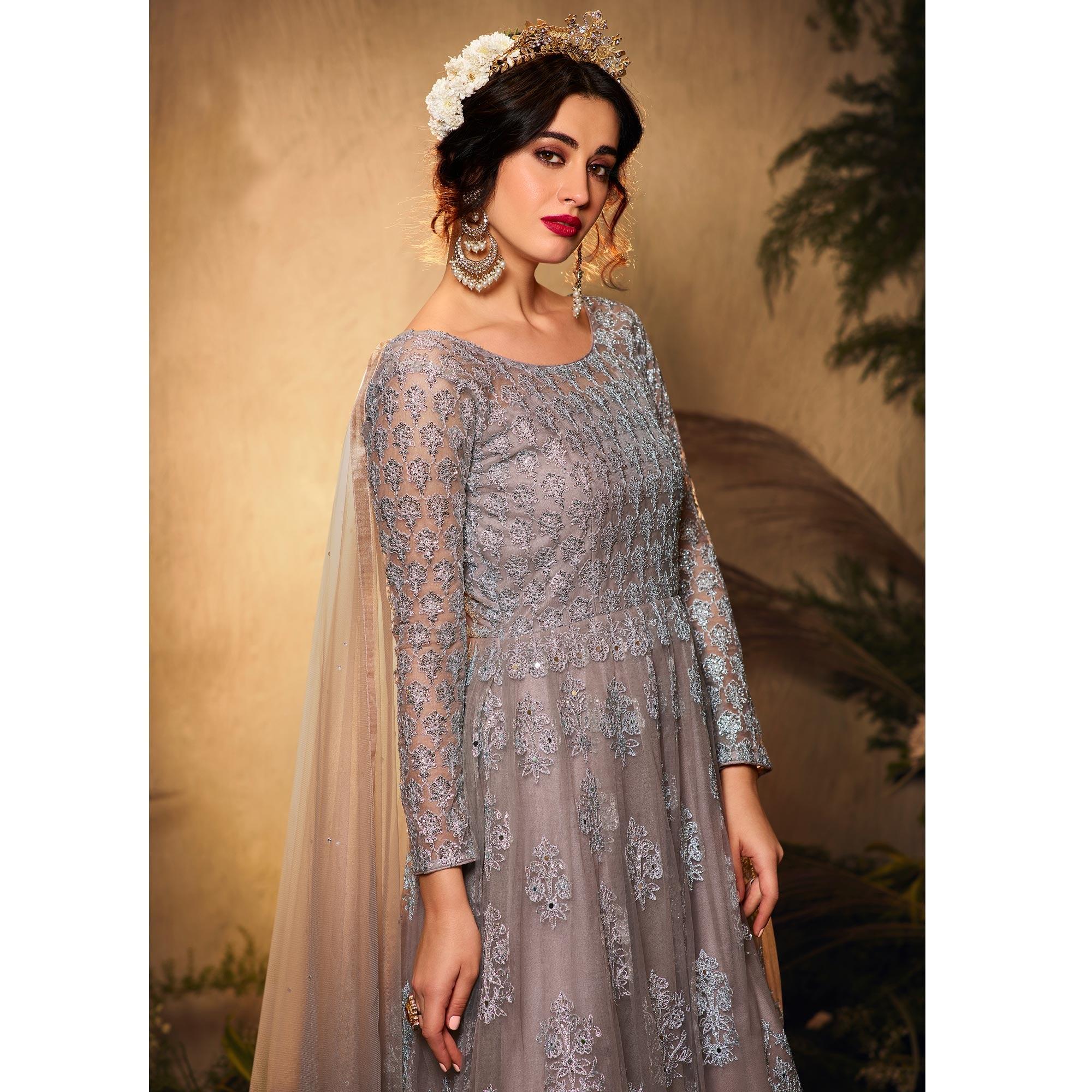 Grey Partywear Embroidered Net Anarkali Suit - Peachmode