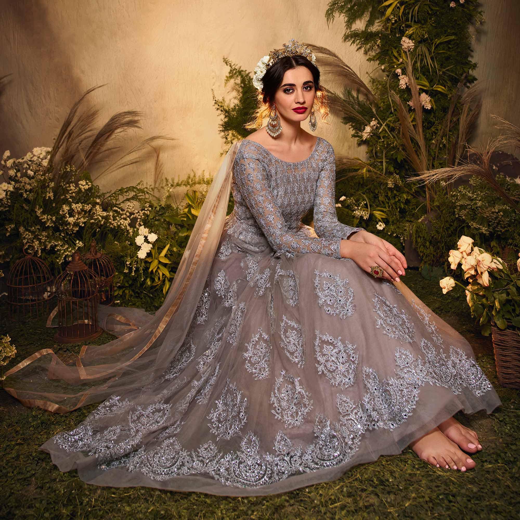 Grey Partywear Embroidered Net Anarkali Suit - Peachmode