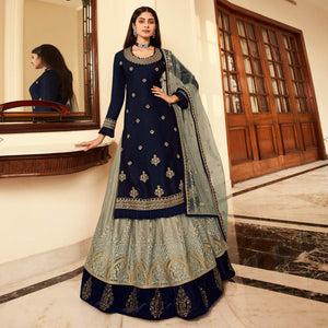 Grey Partywear Embroidered Net Lehenga Choli - Peachmode
