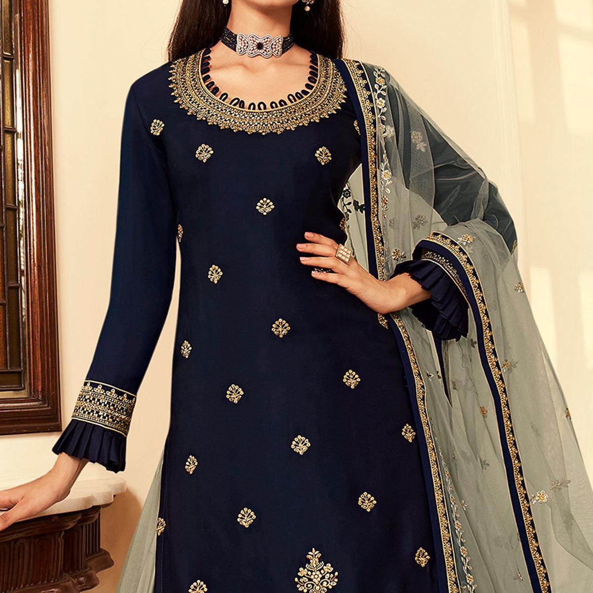 Grey Partywear Embroidered Net Lehenga Choli - Peachmode
