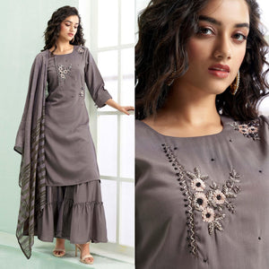 Grey Partywear Embroidered Silk Palazzo Suit With Dupatta - Peachmode