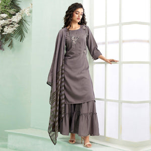 Grey Partywear Embroidered Silk Palazzo Suit With Dupatta - Peachmode