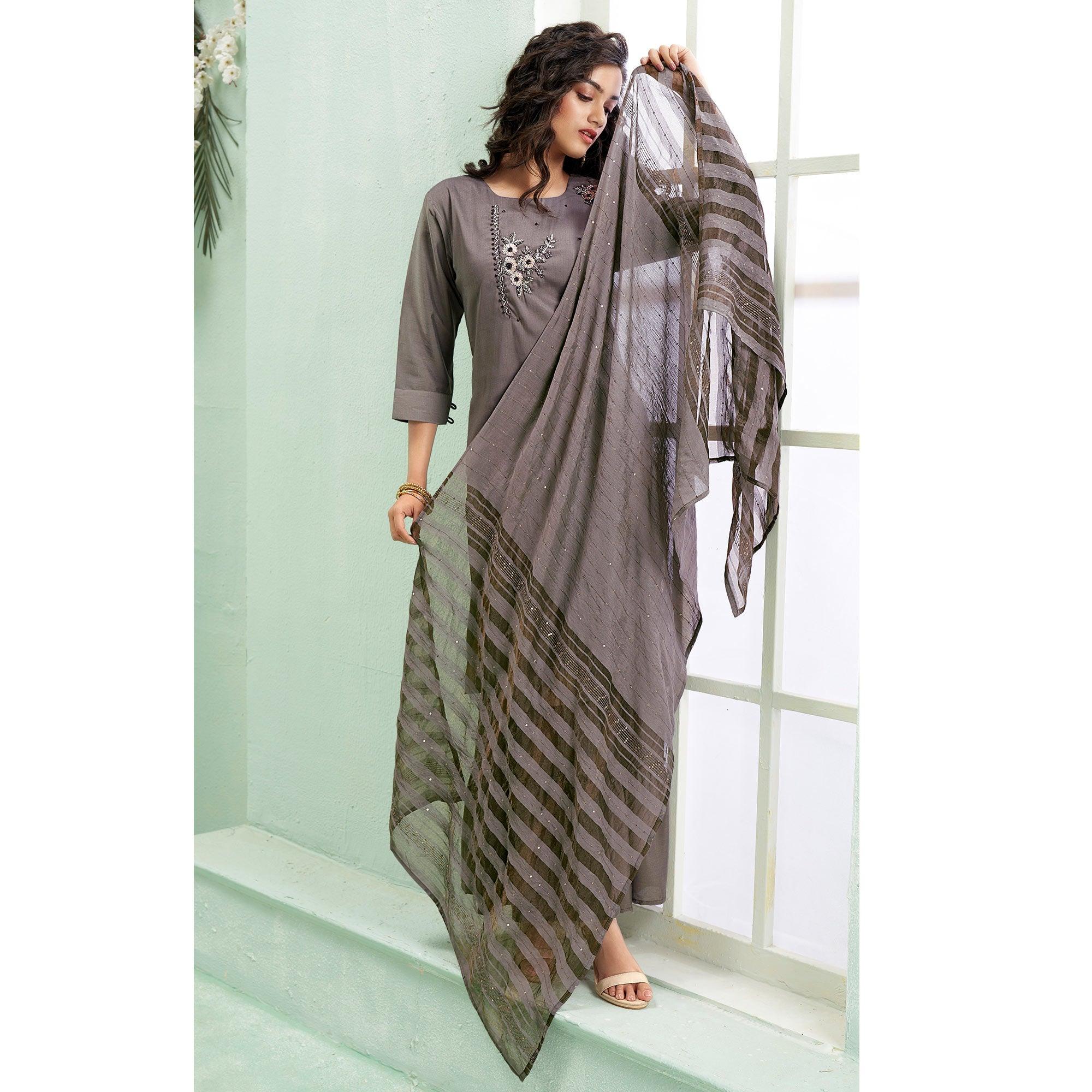 Grey Partywear Embroidered Silk Palazzo Suit With Dupatta - Peachmode