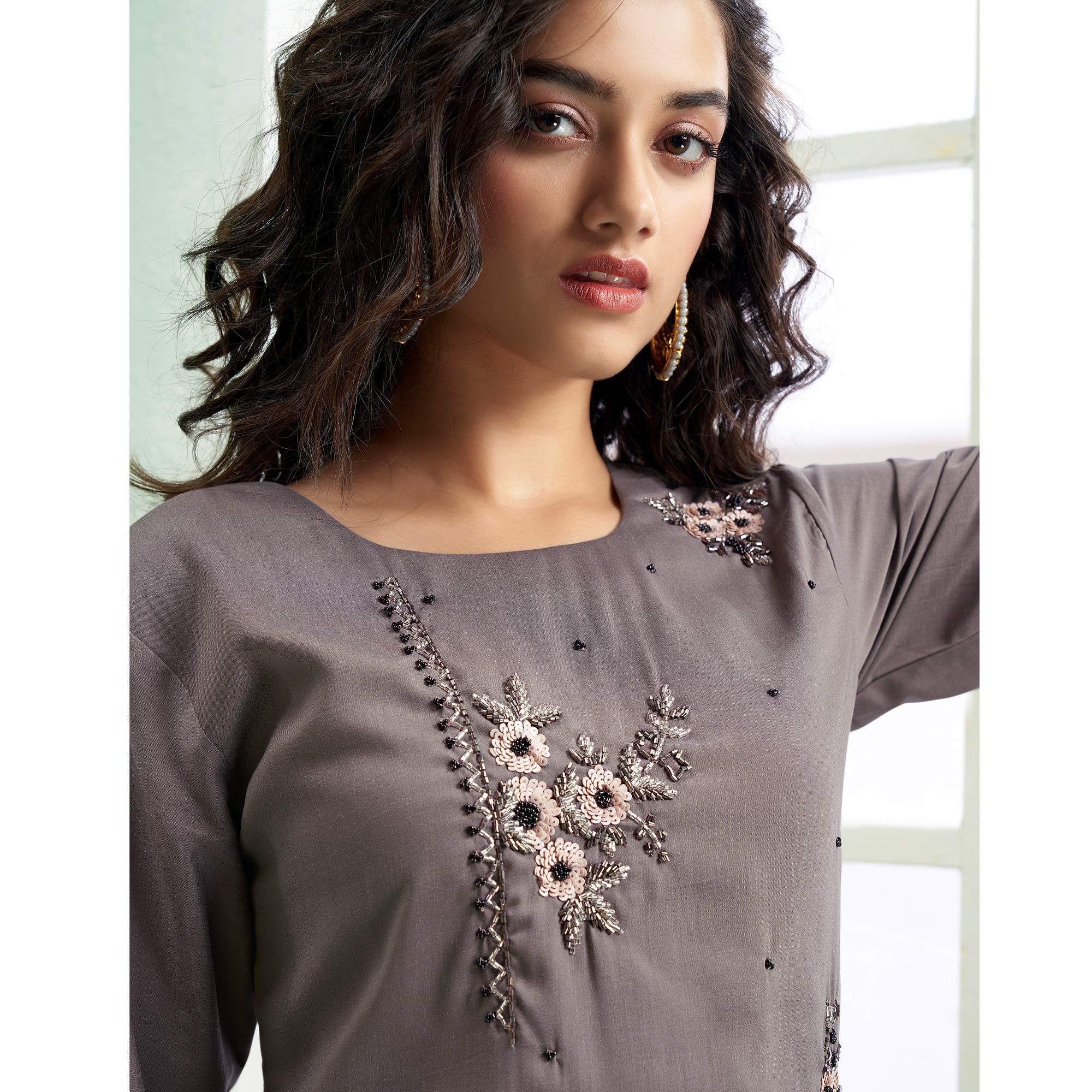Grey Partywear Embroidered Silk Palazzo Suit With Dupatta - Peachmode