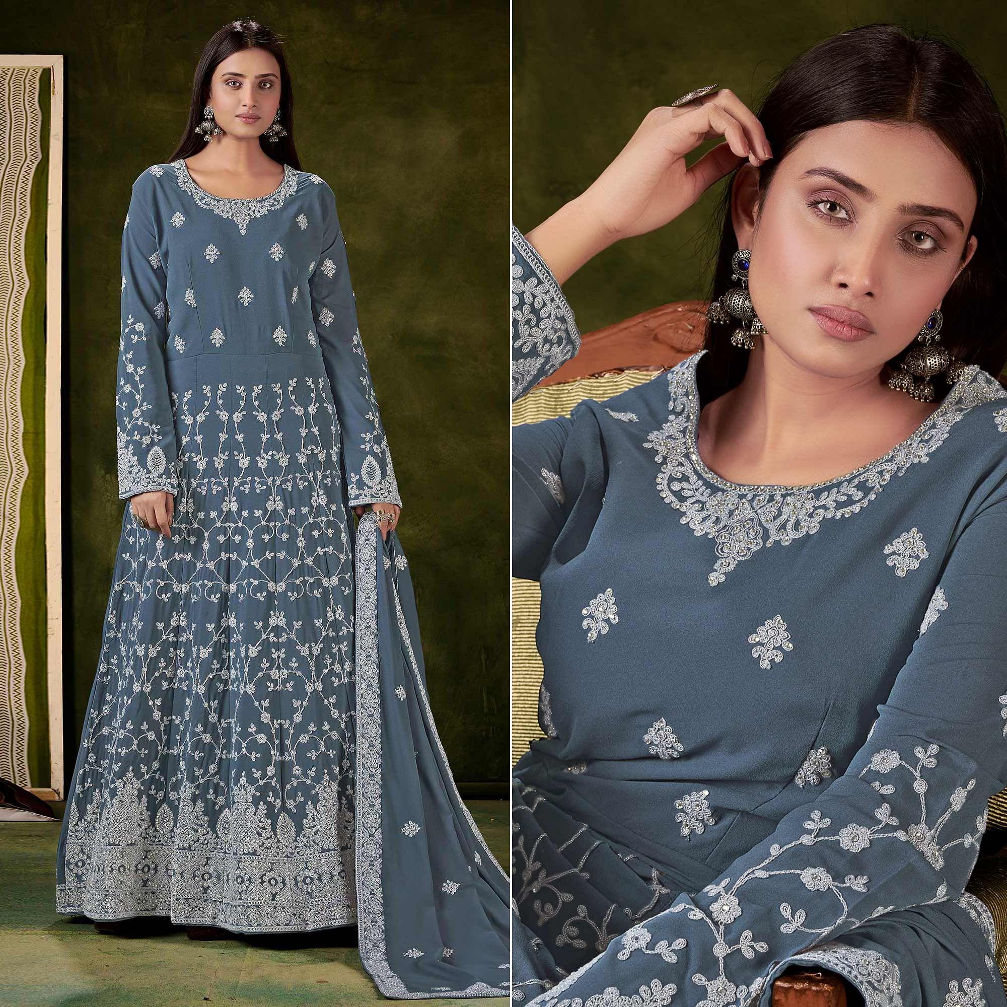 Grey Partywear Embroidered With Embellished Georgette Gown - Peachmode