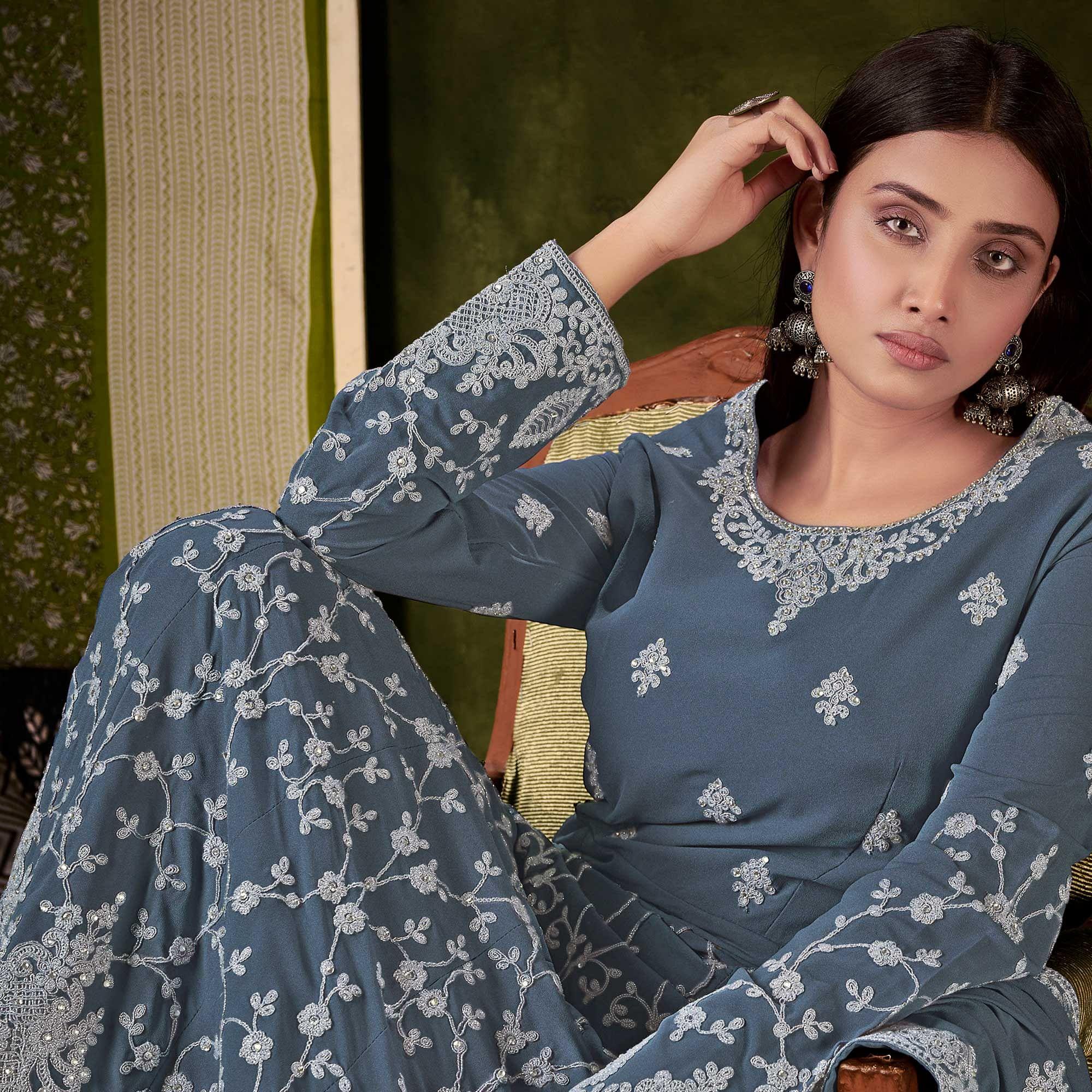 Grey Partywear Embroidered With Embellished Georgette Gown - Peachmode