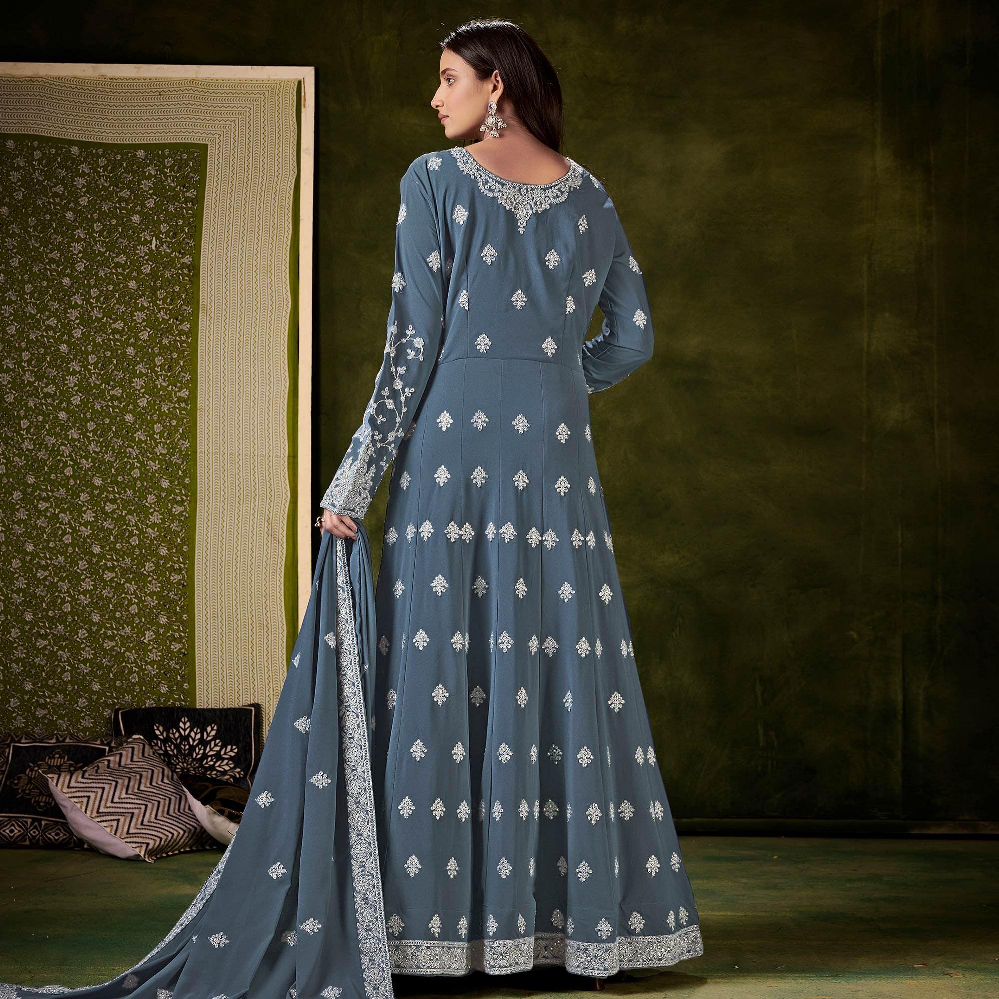 Grey Partywear Embroidered With Embellished Georgette Gown - Peachmode