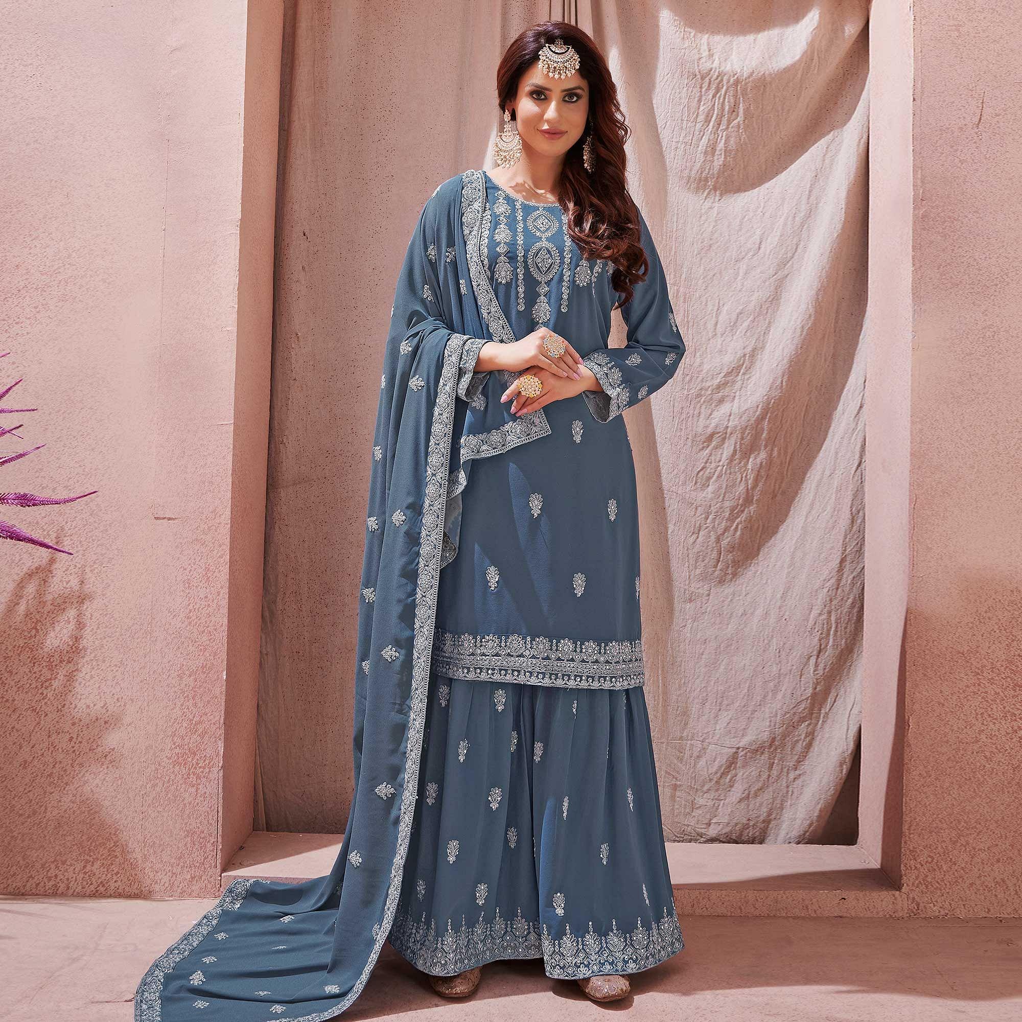 Grey Partywear Embroidered With Embellished Georgette Sharara Suit - Peachmode