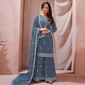 Grey Partywear Embroidered With Embellished Georgette Sharara Suit - Peachmode