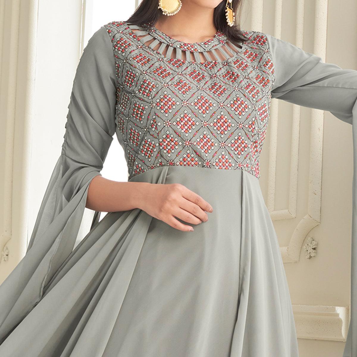 Grey Partywear Embroidered with Handwork Heavy Georgette Gown - Peachmode