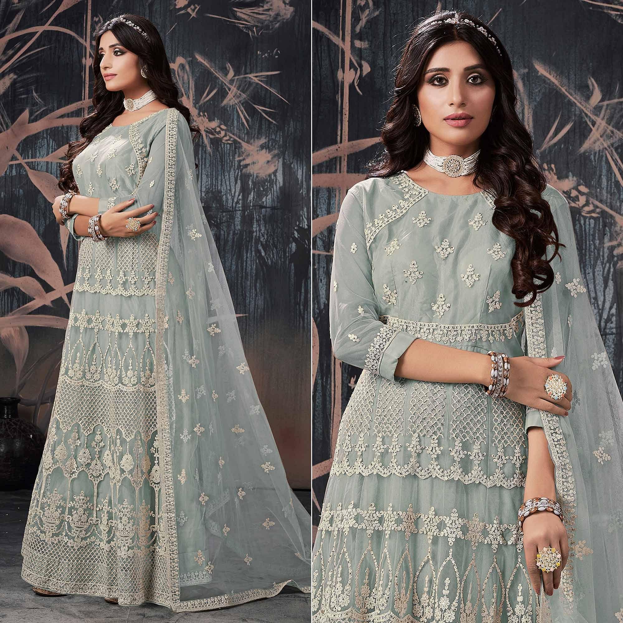 Grey Partywear Embroidery With Embellished Net Gown - Peachmode