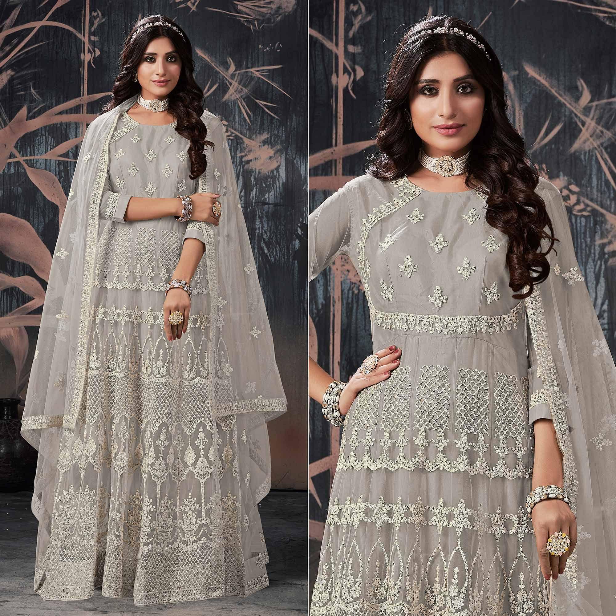 Grey Partywear Embroidery With Embellished Net Gown - Peachmode