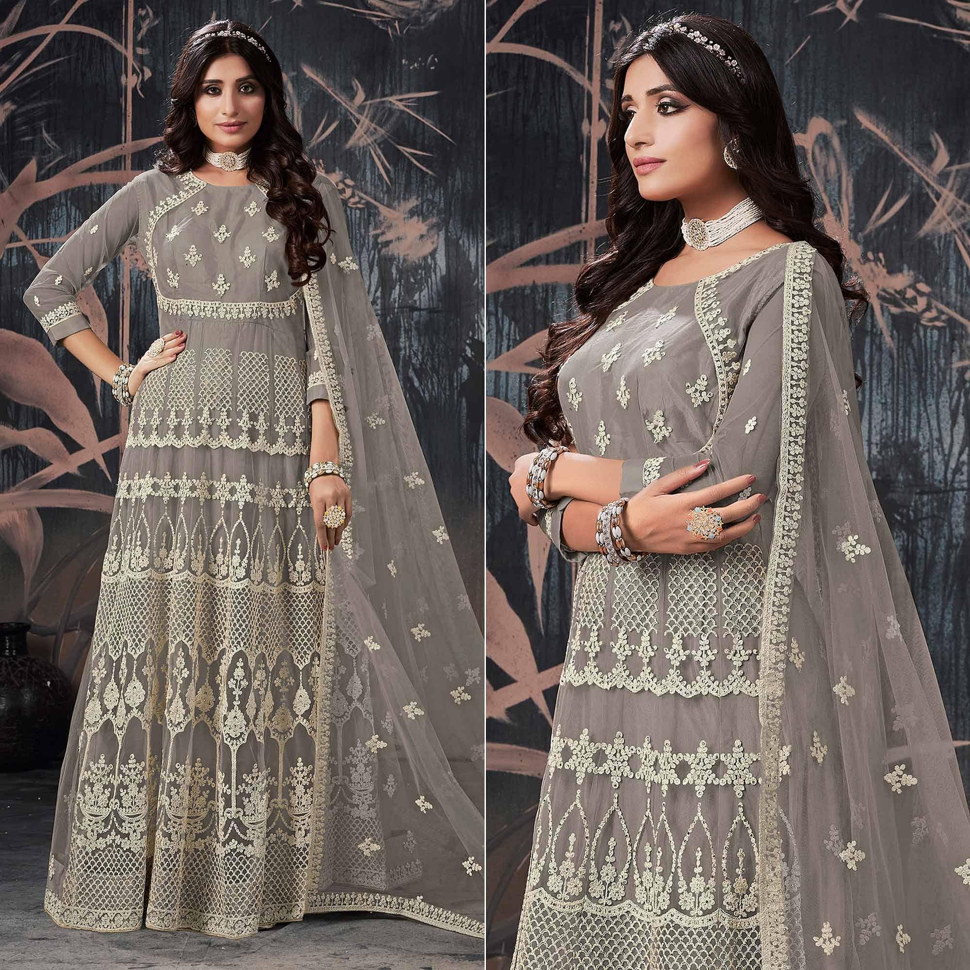 Grey Partywear Embroidery With Embellished Net Gown - Peachmode