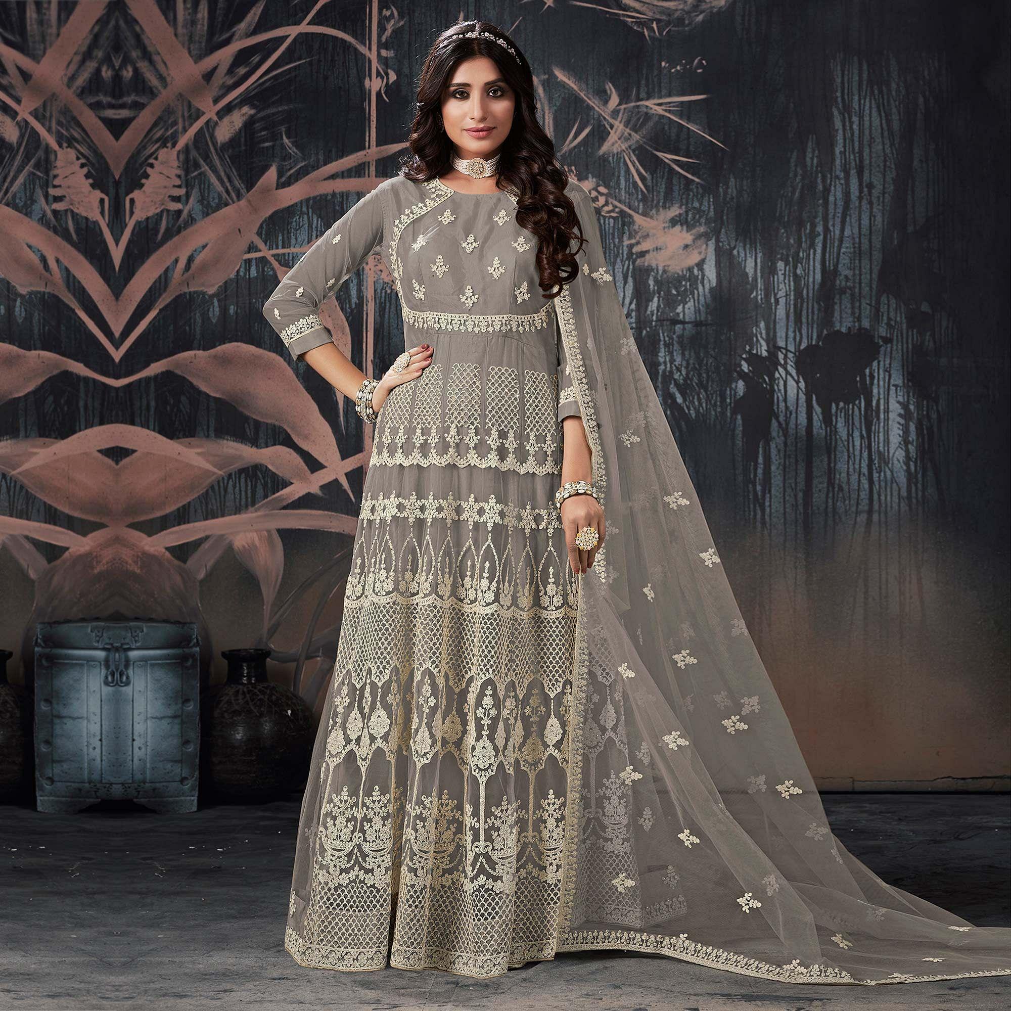 Grey Partywear Embroidery With Embellished Net Gown - Peachmode