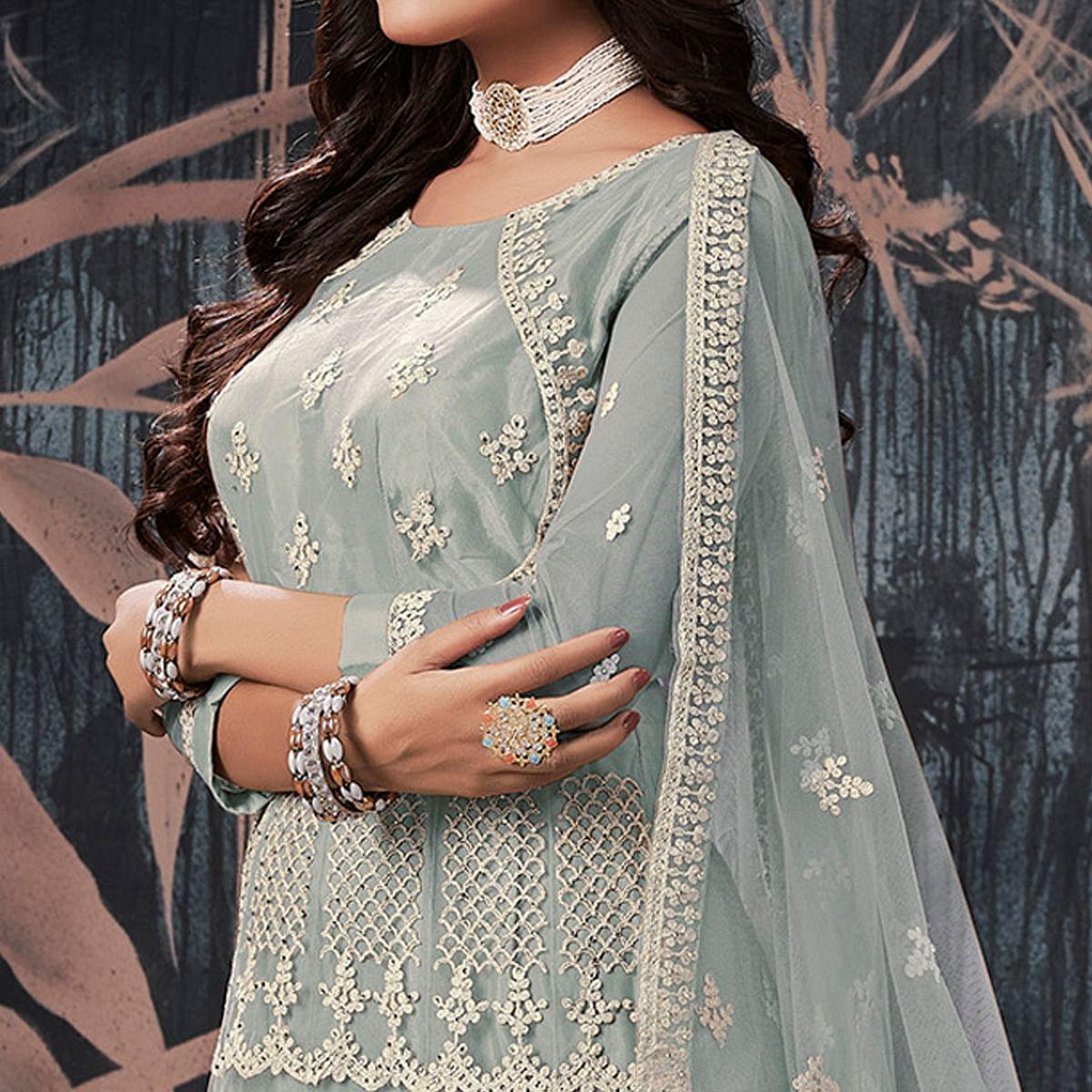 Grey Partywear Embroidery With Embellished Net Gown - Peachmode