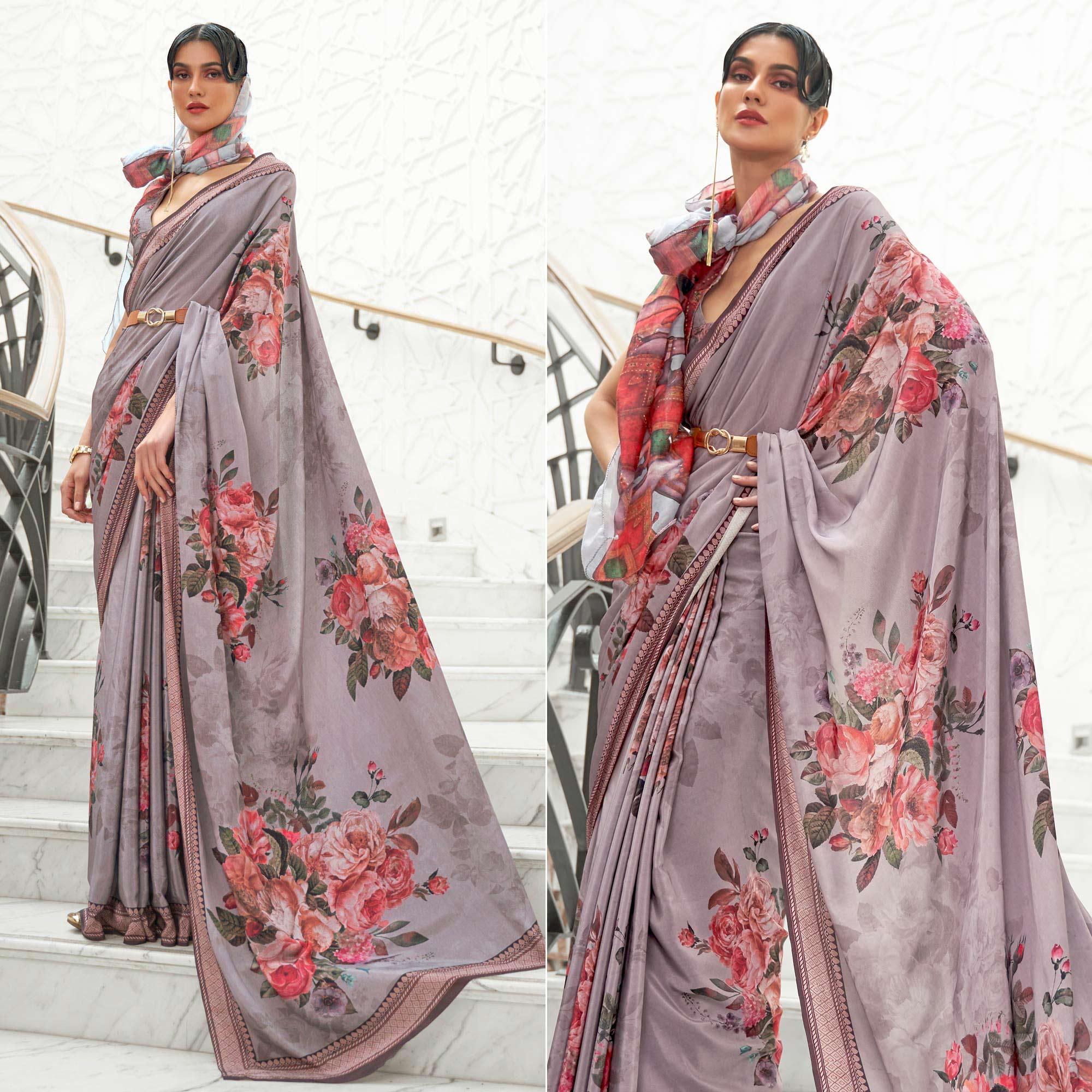 Grey Partywear Floral Digital Printed Silk Saree - Peachmode