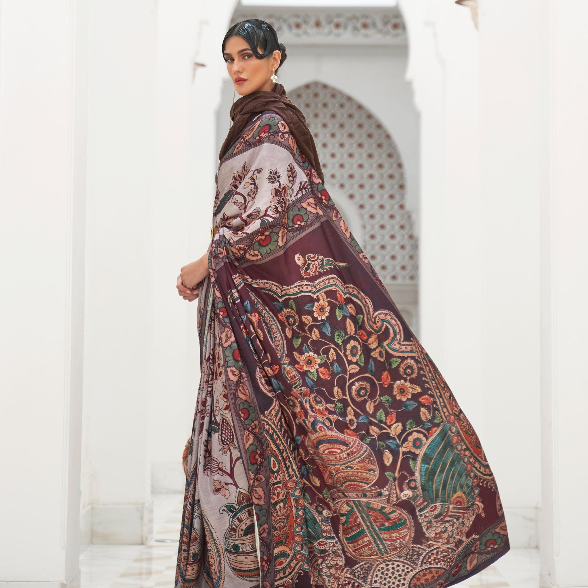 Grey Partywear Floral Digital Printed Silk Saree - Peachmode