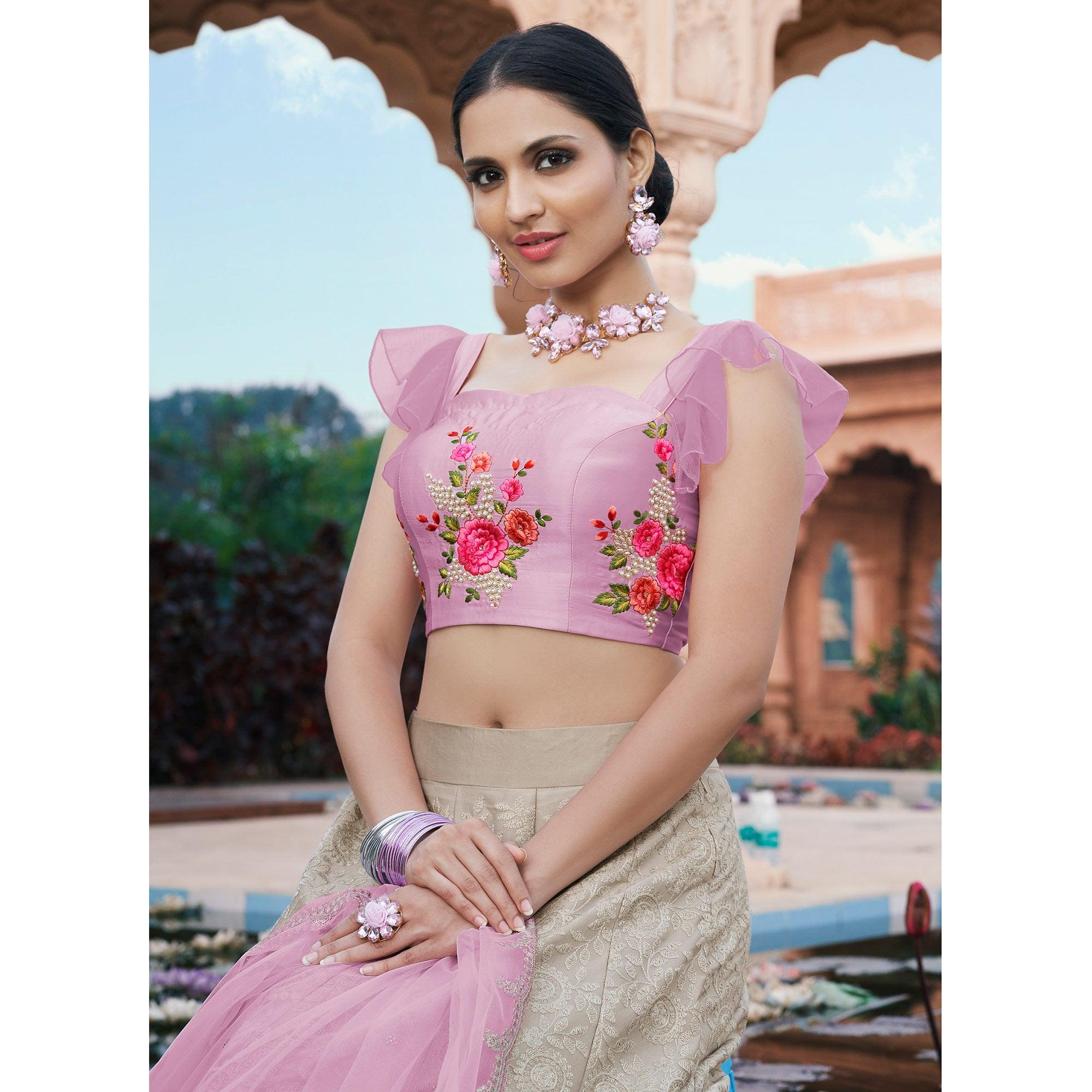 Grey Partywear Floral Embroidered Modal Satin Lehenga Choli - Peachmode