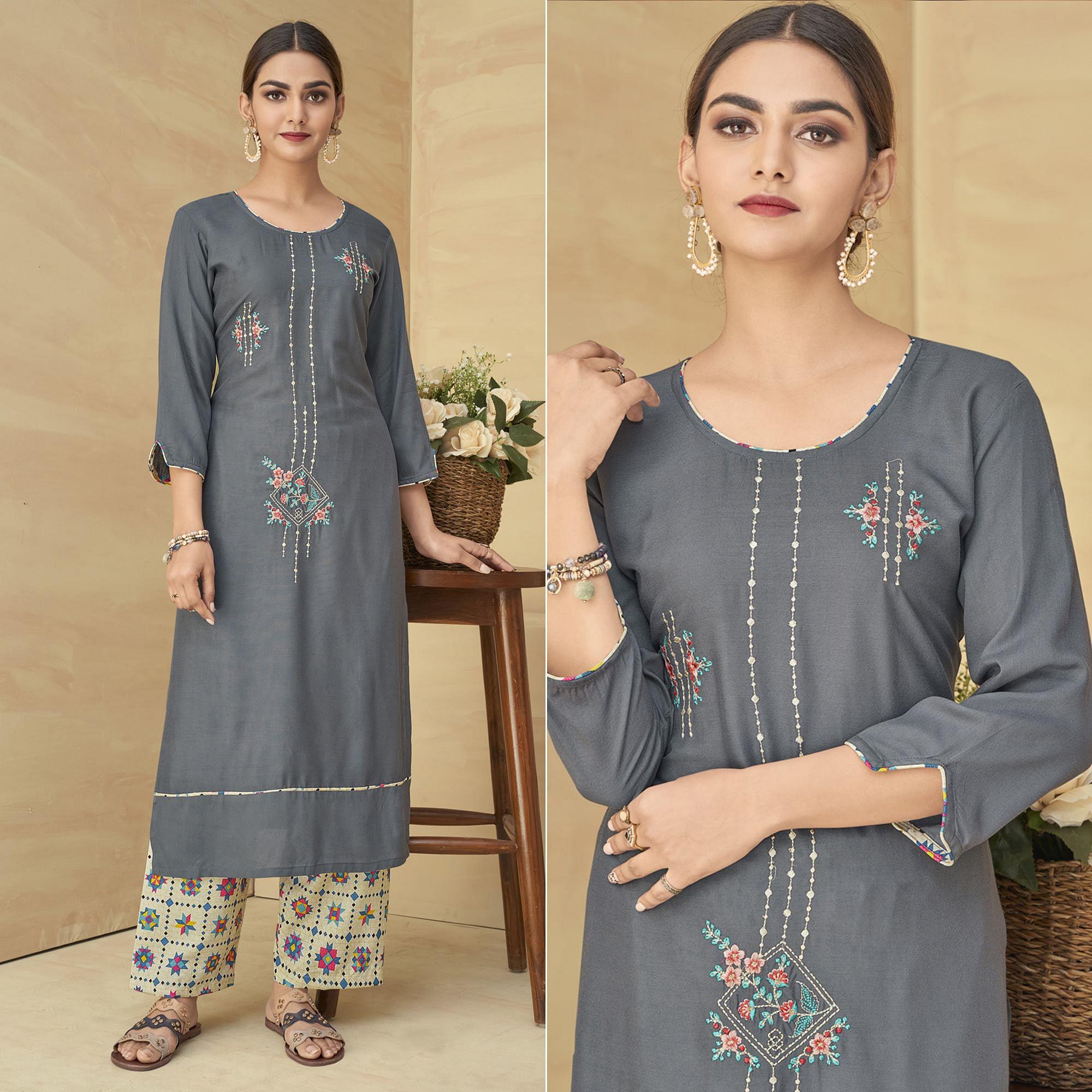 Grey Partywear Floral Embroidered Rayon Kurti Palazzo Set - Peachmode