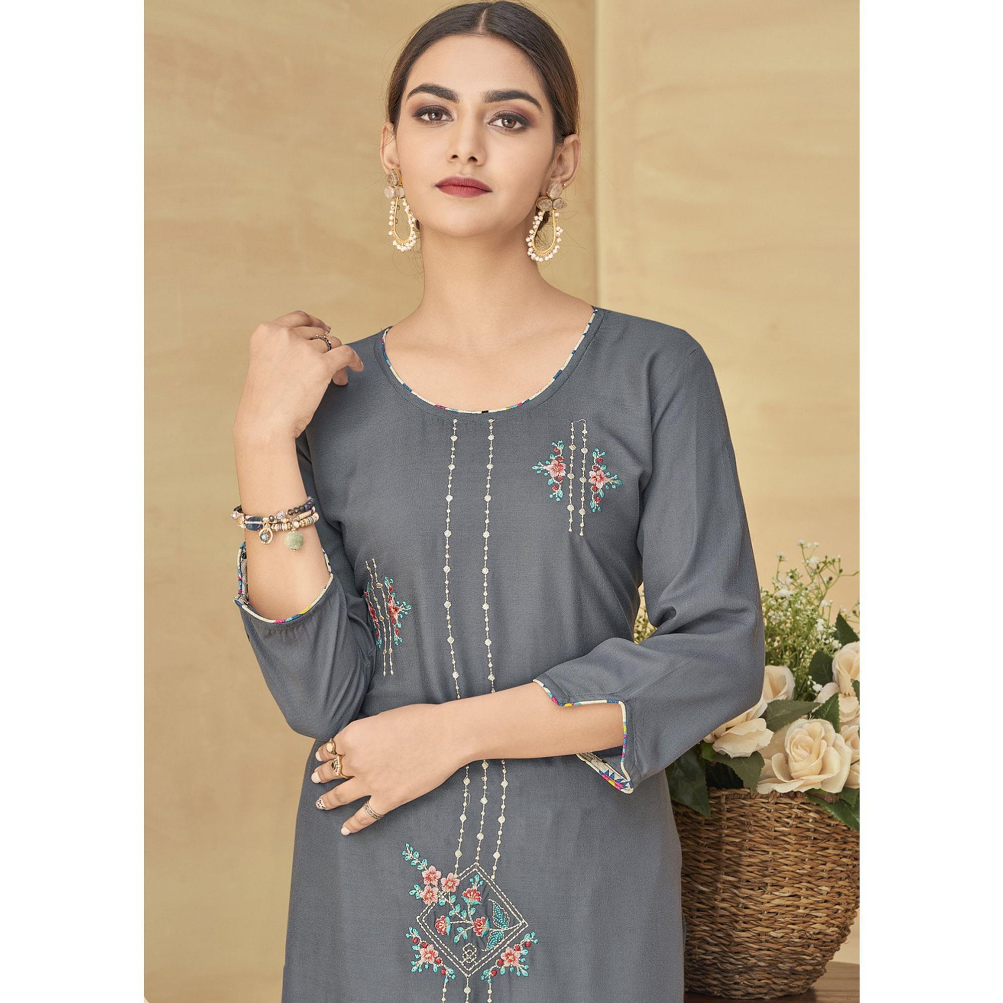 Grey Partywear Floral Embroidered Rayon Kurti Palazzo Set - Peachmode