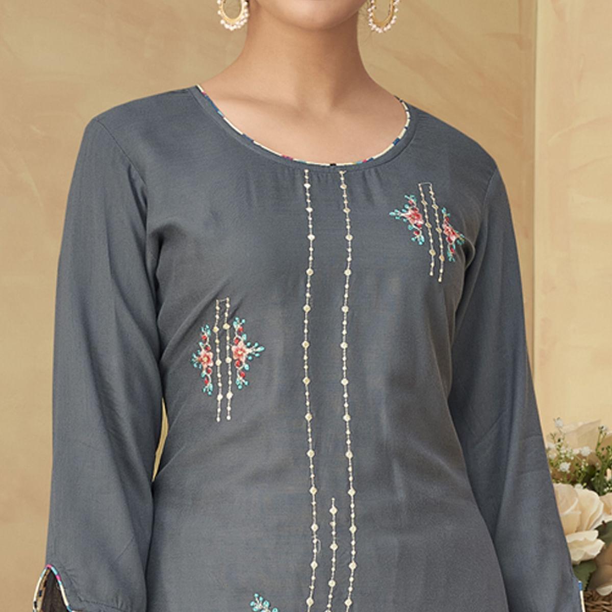Grey Partywear Floral Embroidered Rayon Kurti Palazzo Set - Peachmode