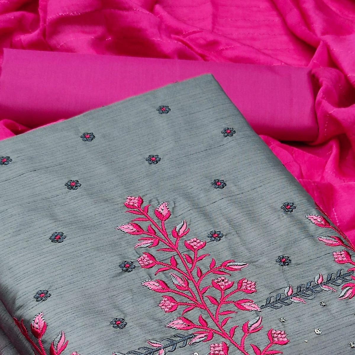 Grey Partywear Floral Embroidered Silk Dress Material - Peachmode